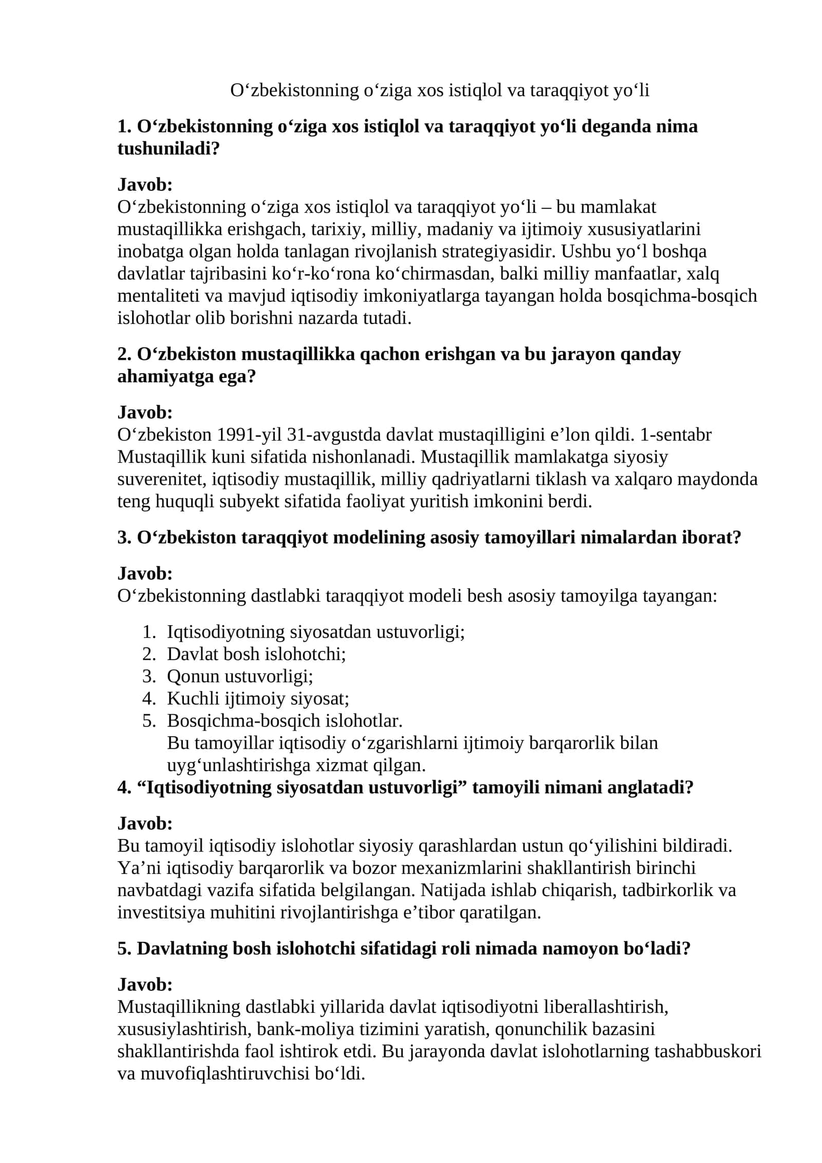 O‘zbekistonning o‘ziga xos istiqlol va taraqqiyot yo‘li