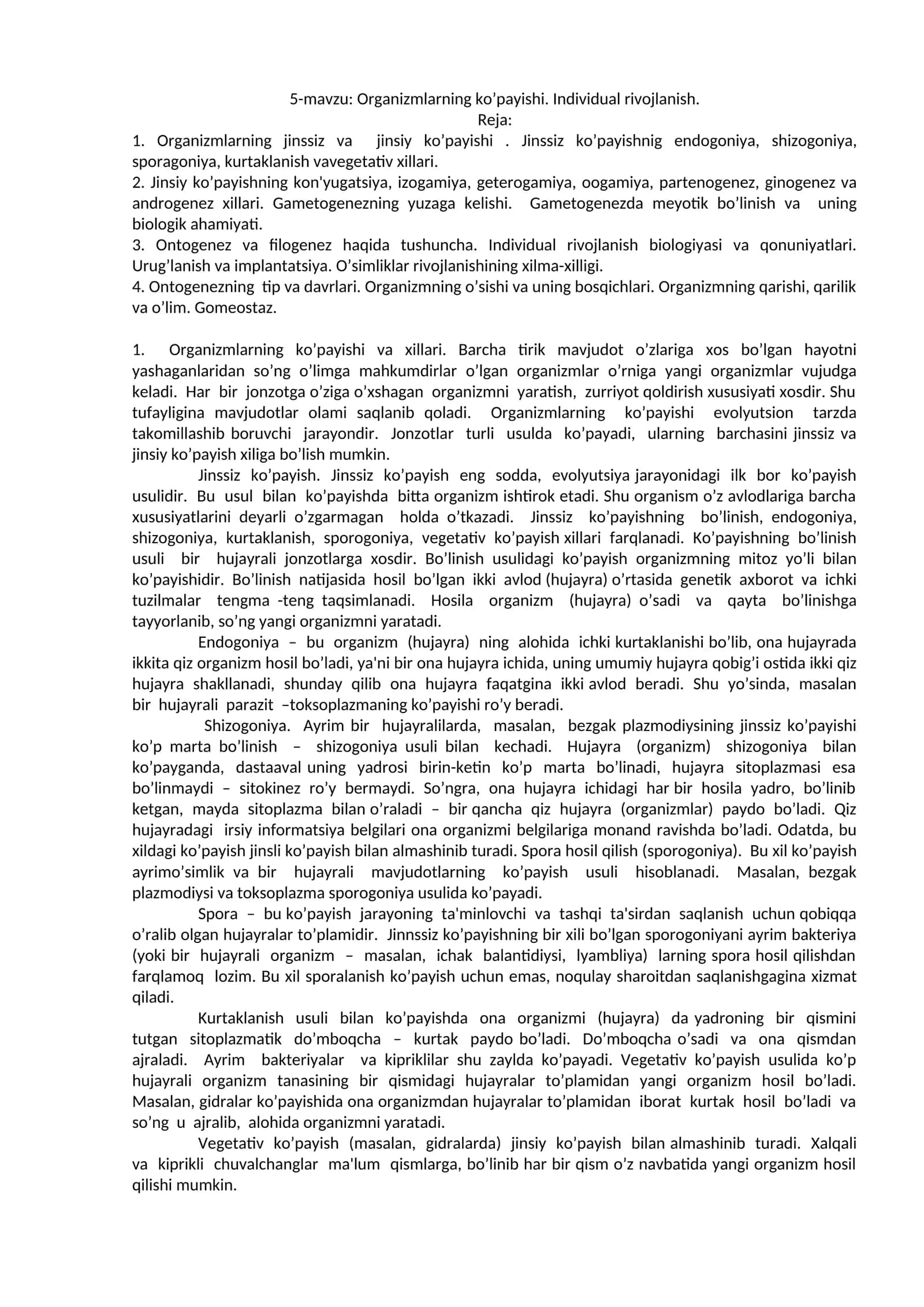 Organizmlarning ko’payishi. Individual rivojlanish