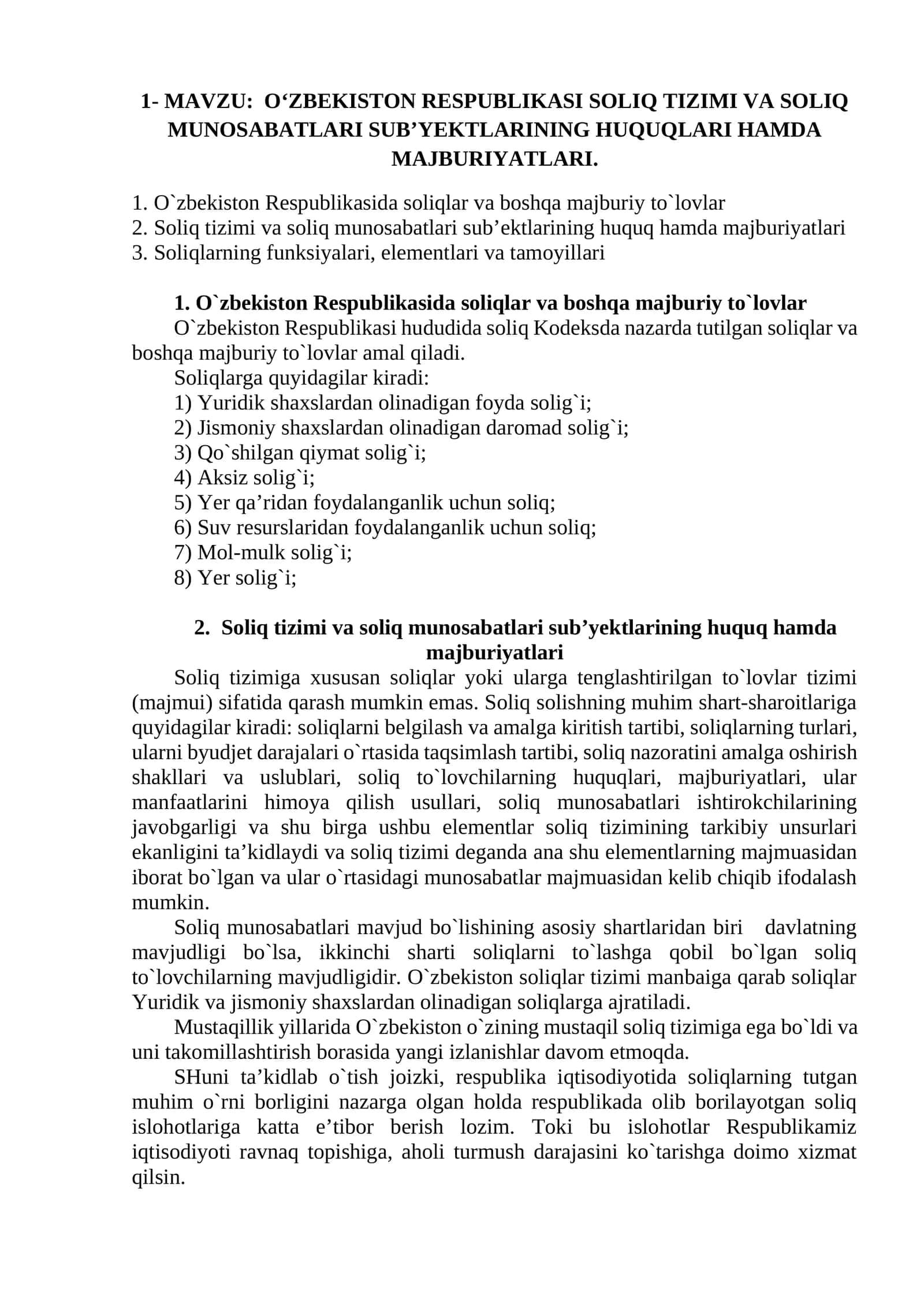 O‘zbekiston Respublikasi Soliq Tizimi va Soliq Munosabatlari Sub’yektlarining Huquqlari hamda Majburiyatlari