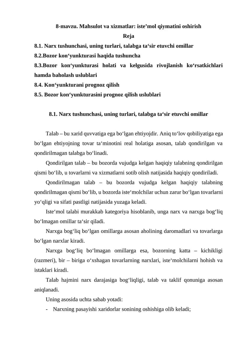Narx tushunchasi, uning turlari, talabga taʻsir etuvchi omillar