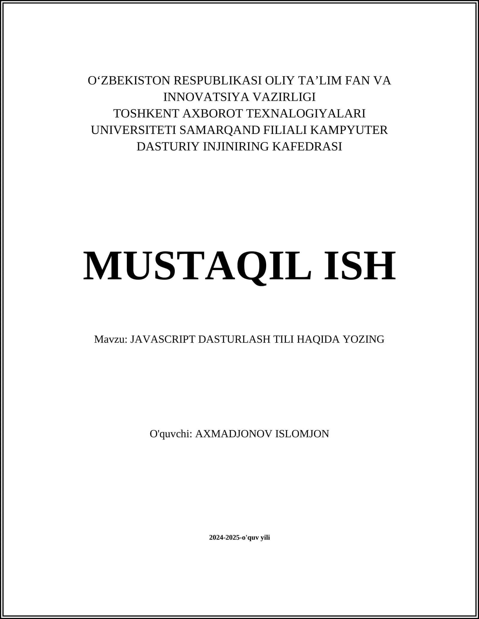 JavaScript Dasturlash Tili Haqida Yozing