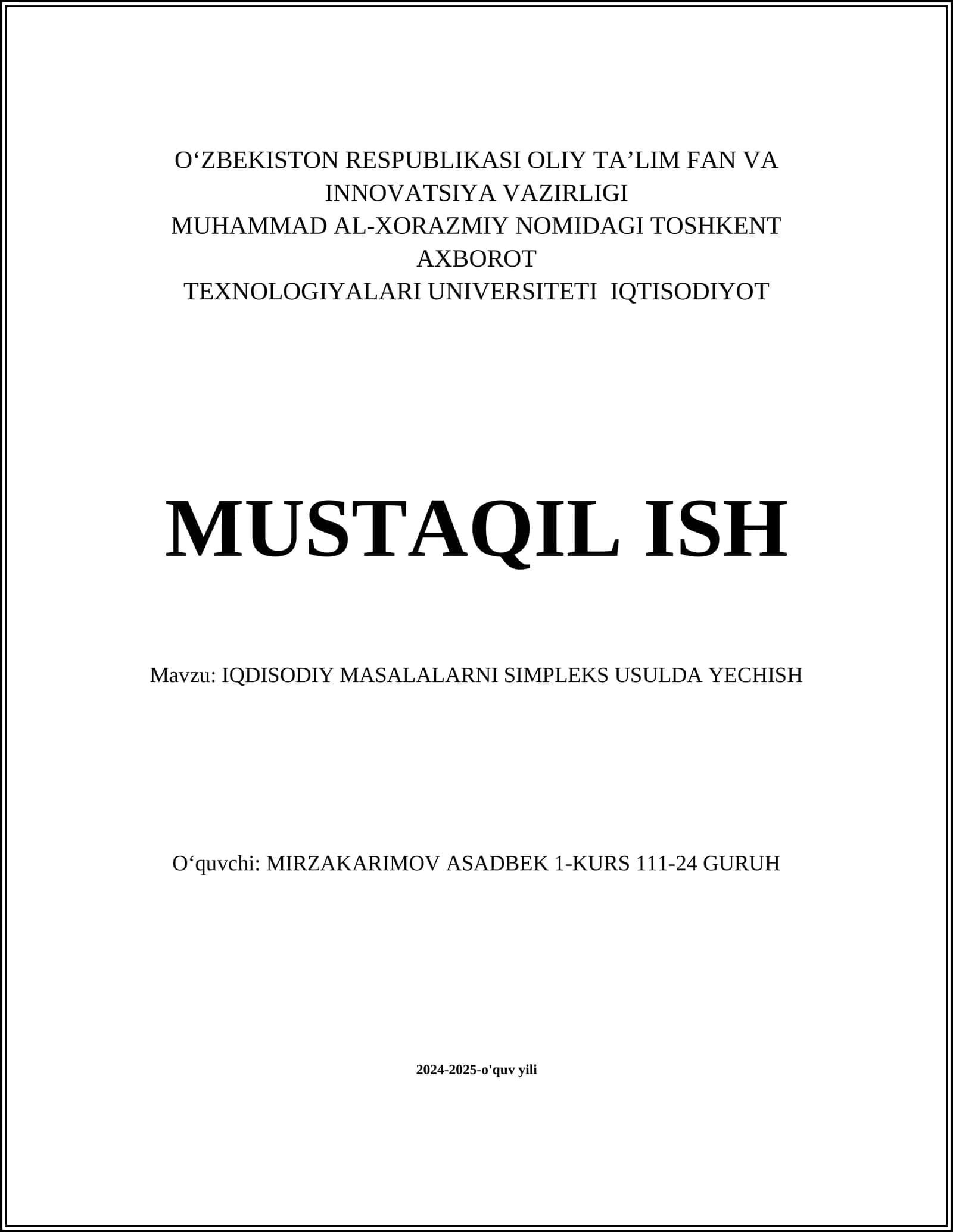 IQDISODIY MASALALARNI SIMPLEKS USULDA YECHISH