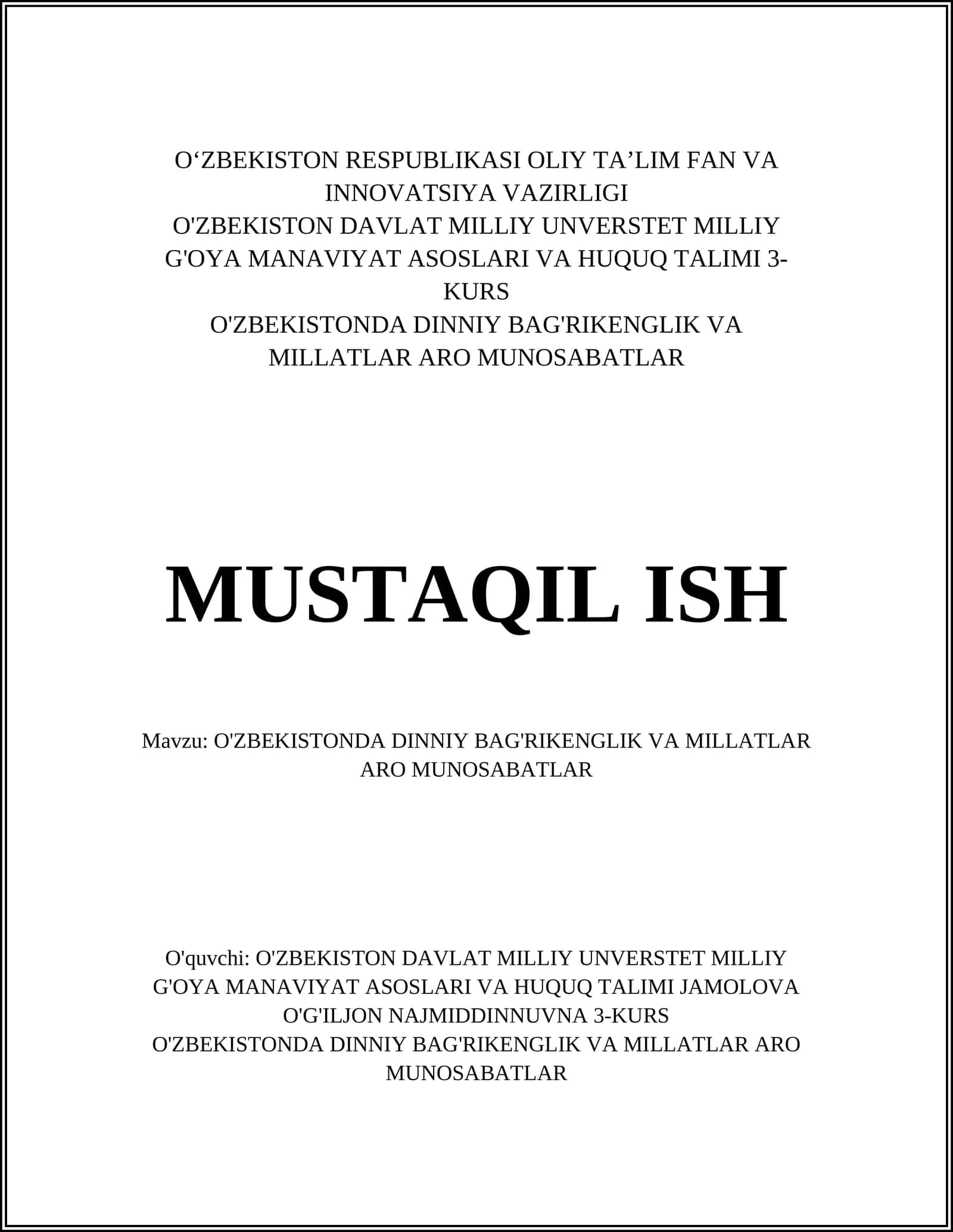 O'zbekistonda dinniy bag'rikenlik va millatlararo munosabatlar