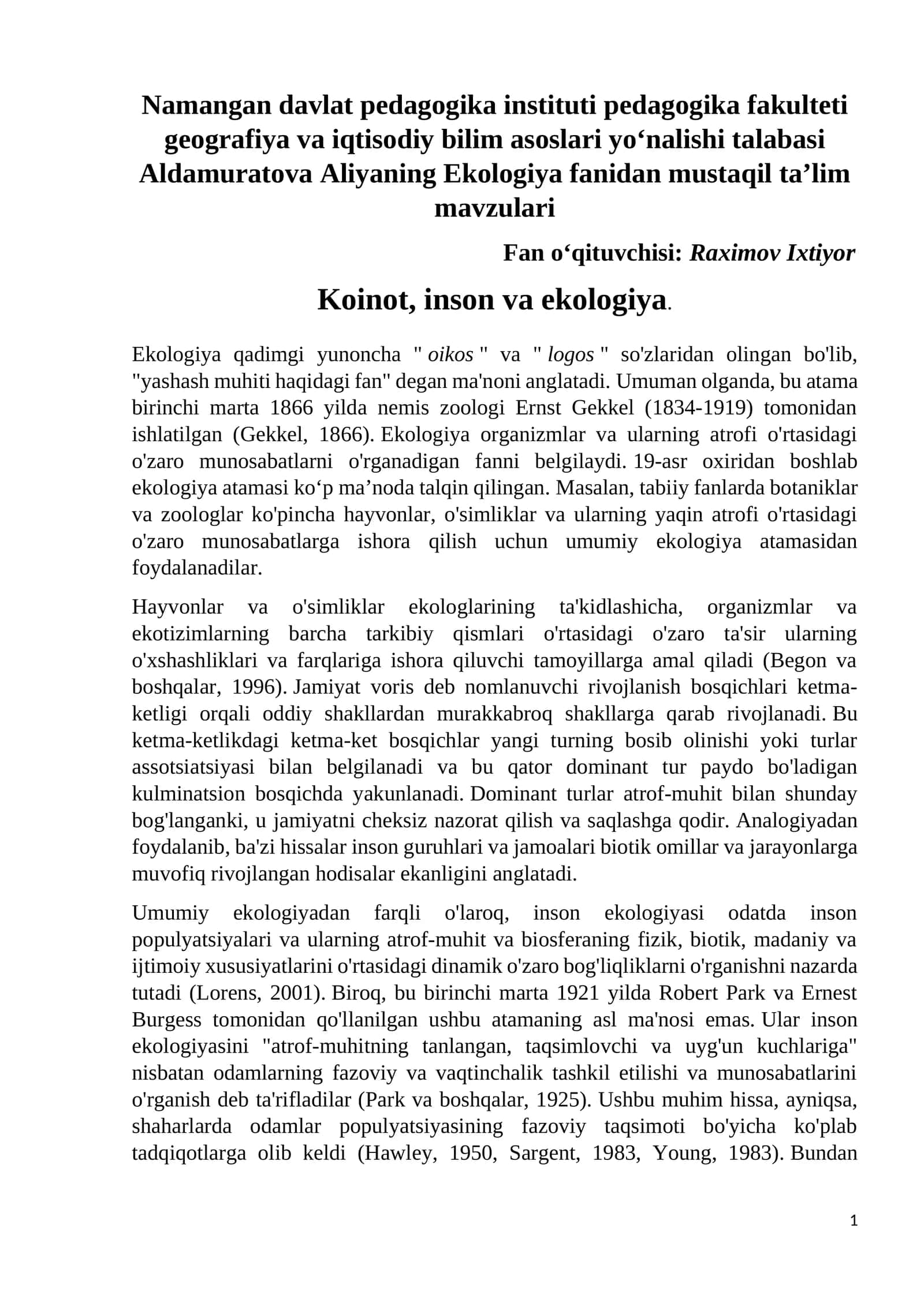 Ekologiya fanidan mustaqil ta’lim mavzulari