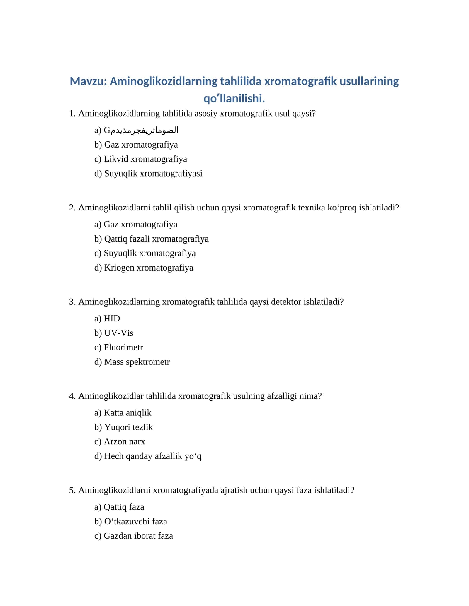 Aminoglikozidlarning tahlilida xromatografik usullarining qo′llanilishi