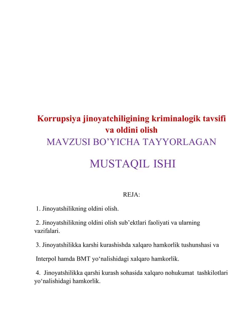 Korrupsiya jinoyatchiligining kriminalogik tavsifi va oldini olish
