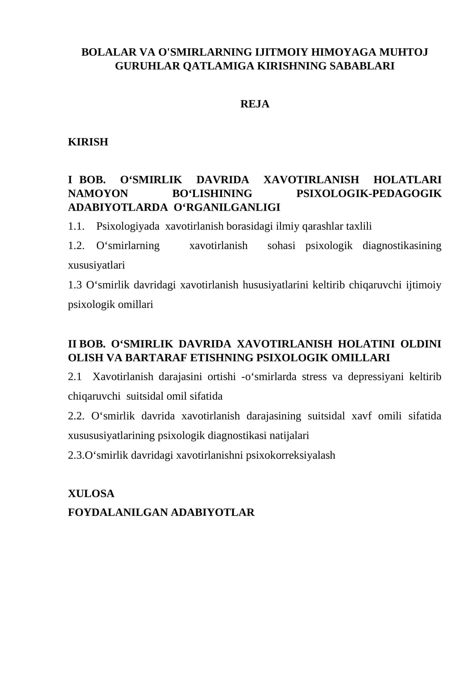 BOLALAR VA O'SMIRLARNING IJITMOIY HIMOYAGA MUHTOJ GURUHLAR QATLAMIGA KIRISHNING SABABLARI