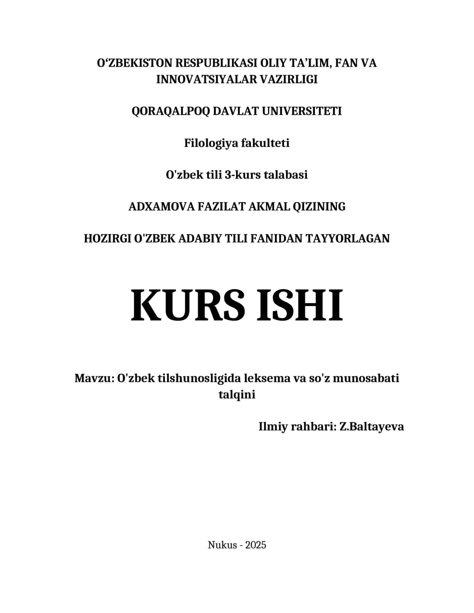 O'zbek tilshunosligida leksema va so'z munosabati talqini kurs ishi