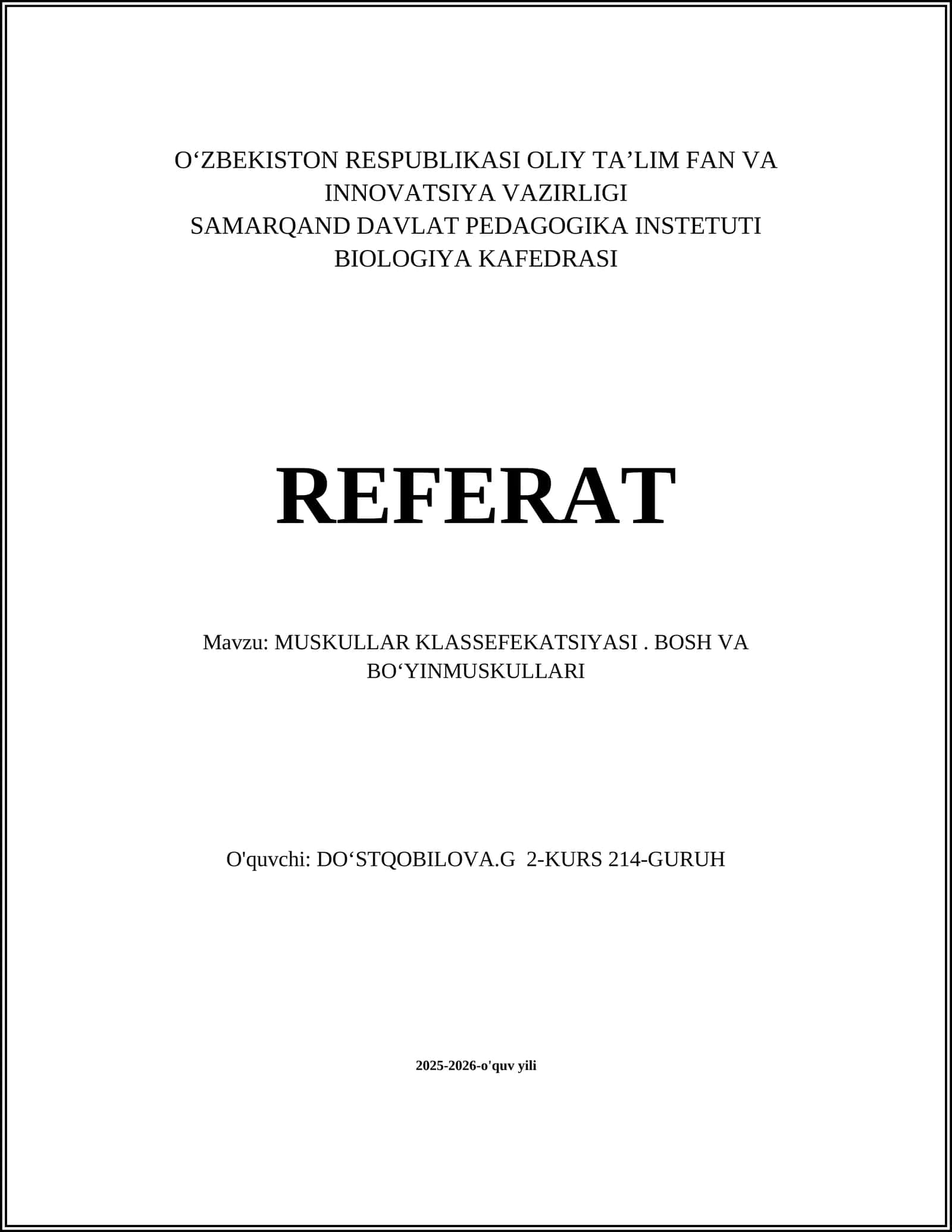 MUSKULLAR KLASSEFEKATSIYASI. BOSH VA BOʻYINMUSKULLARI