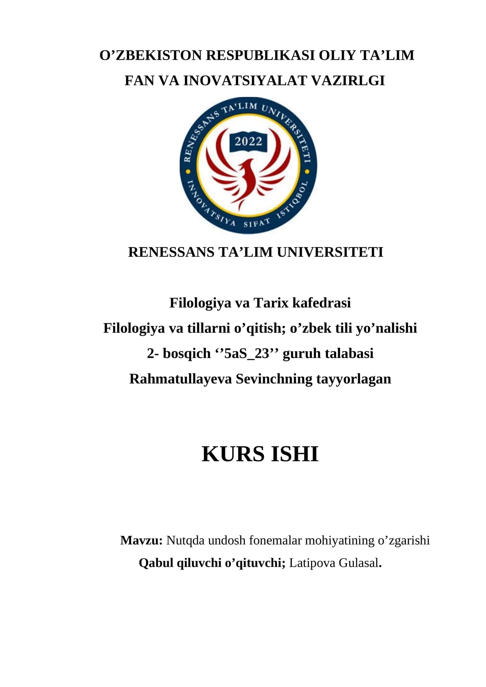 Nutqda undosh fonemalar mohiyatining o’zgarishi KURS ISHI