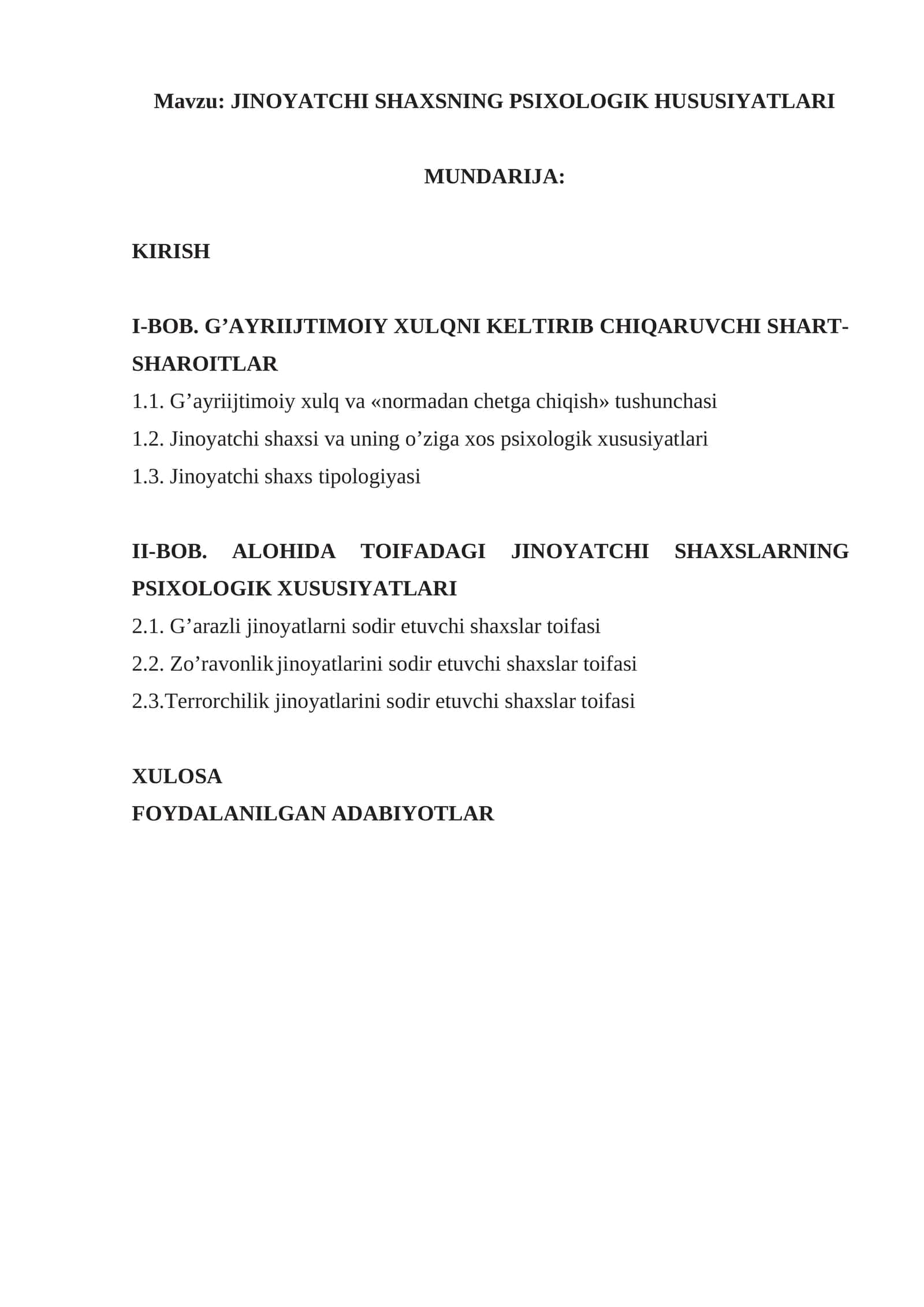 JINOYATCHI SHAXSNING PSIXOLOGIK HUSUSIYATLARI