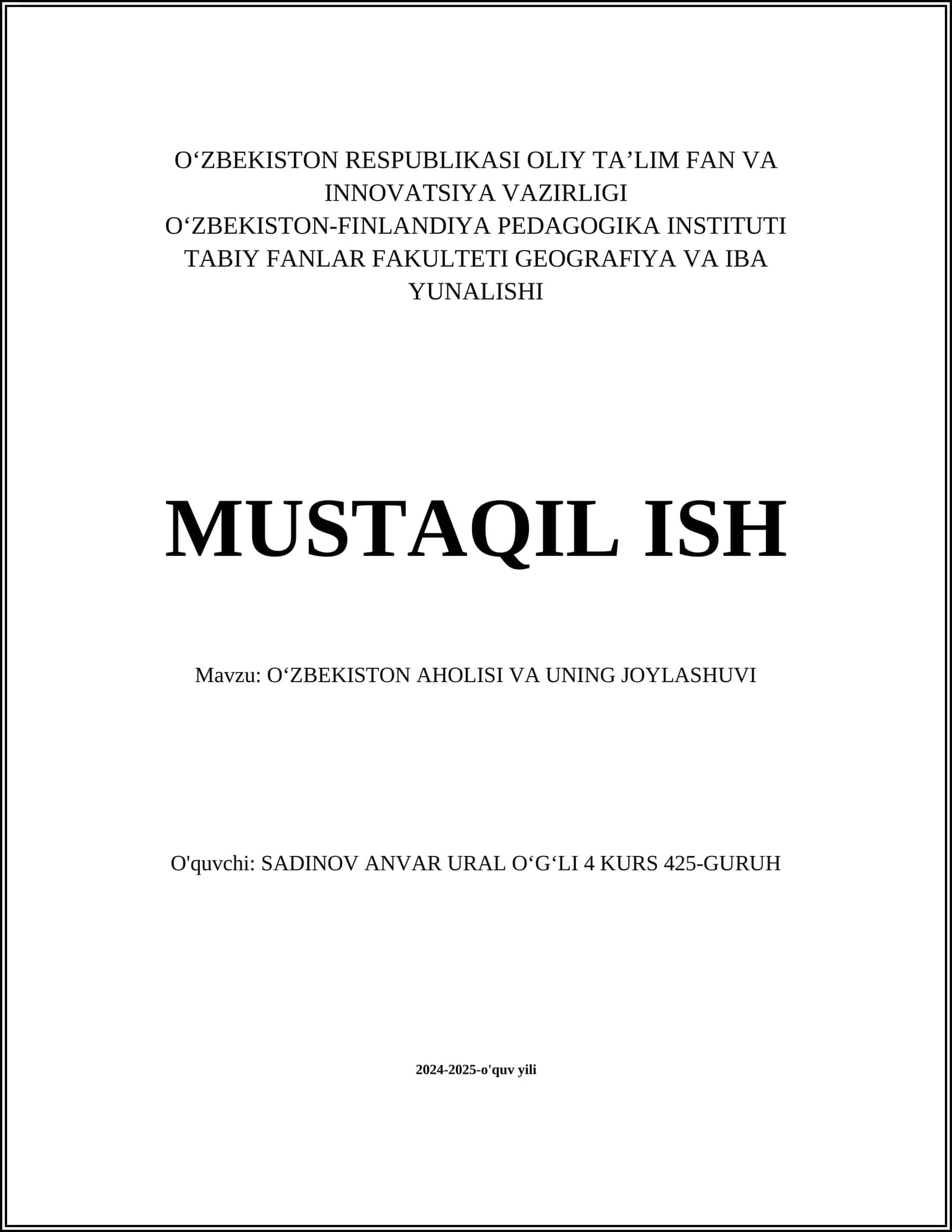 O‘ZBEKISTON AHOLISI VA UNING JOYLASHUVI