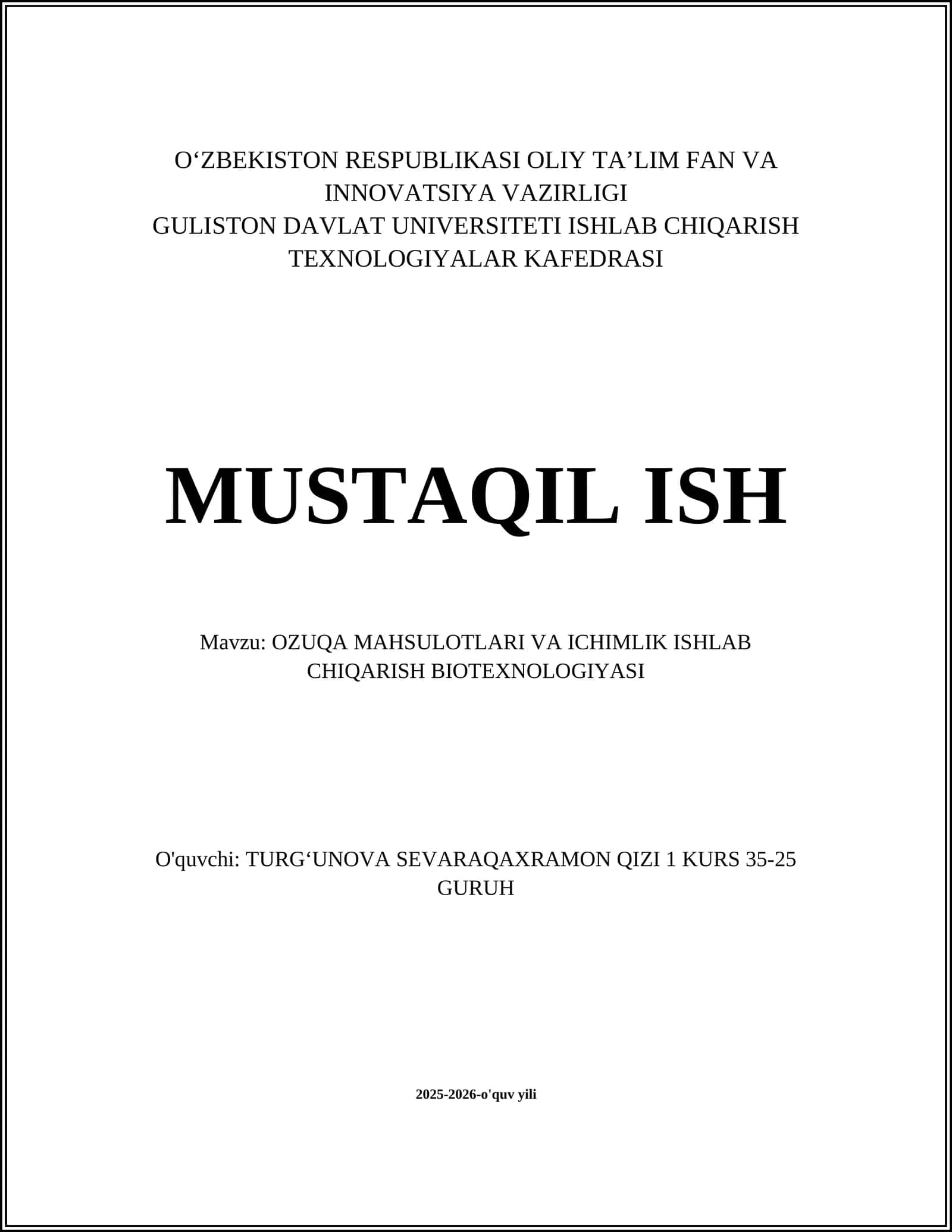 OZUQA MAHSULOTLARI VA ICHIMLIK ISHLAB CHIQARISH BIOTEXNOLOGIYASI