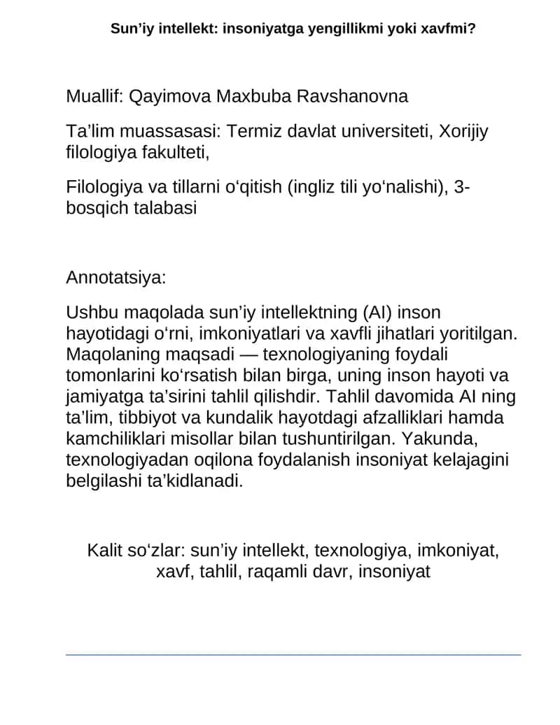 Sun’iy intellekt: insoniyatga yengillikmi yoki xavfmi?