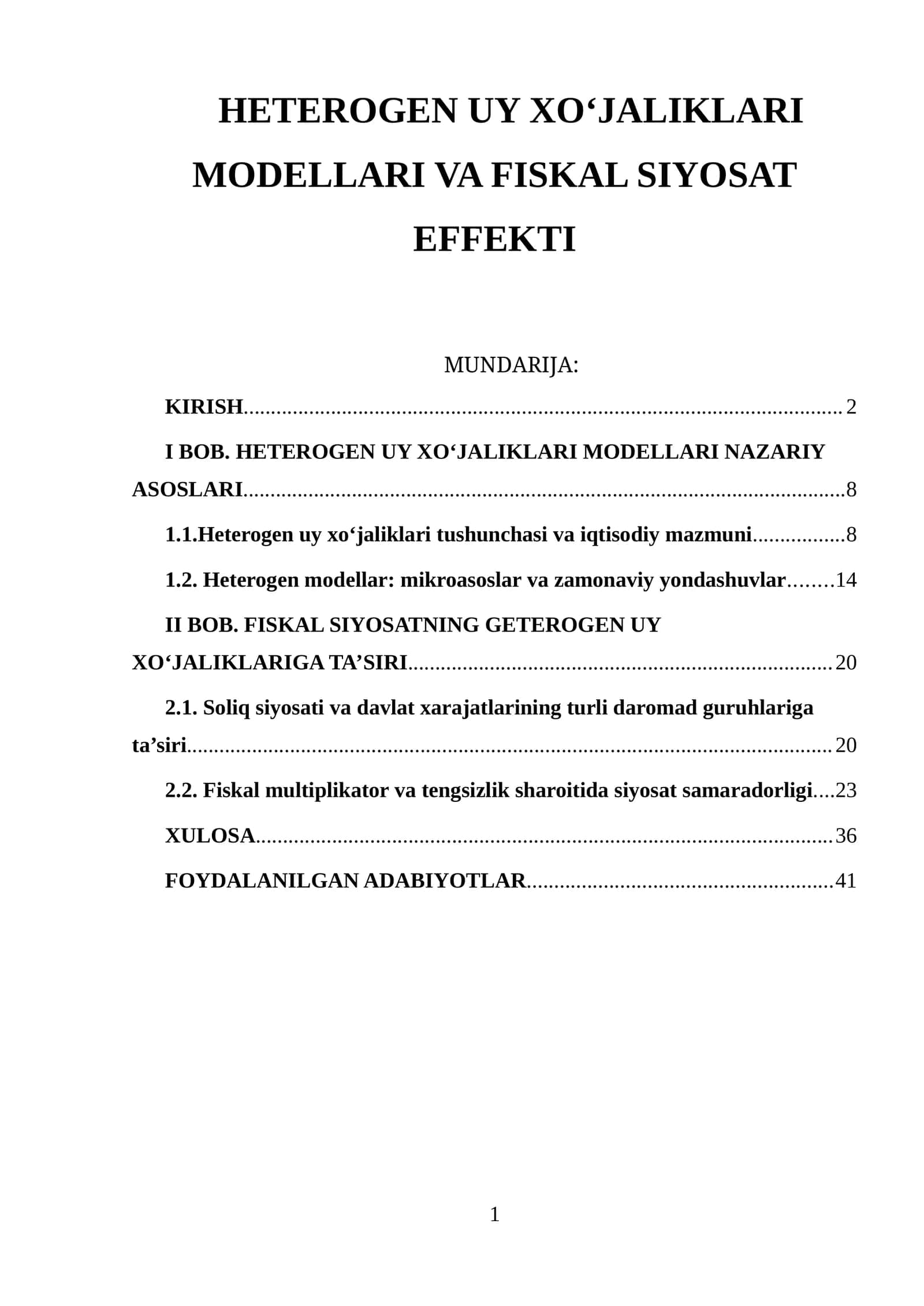 HETEROGEN UY XO‘JALIKLARI MODELLARI VA FISKAL SIYOSAT EFFEKTI