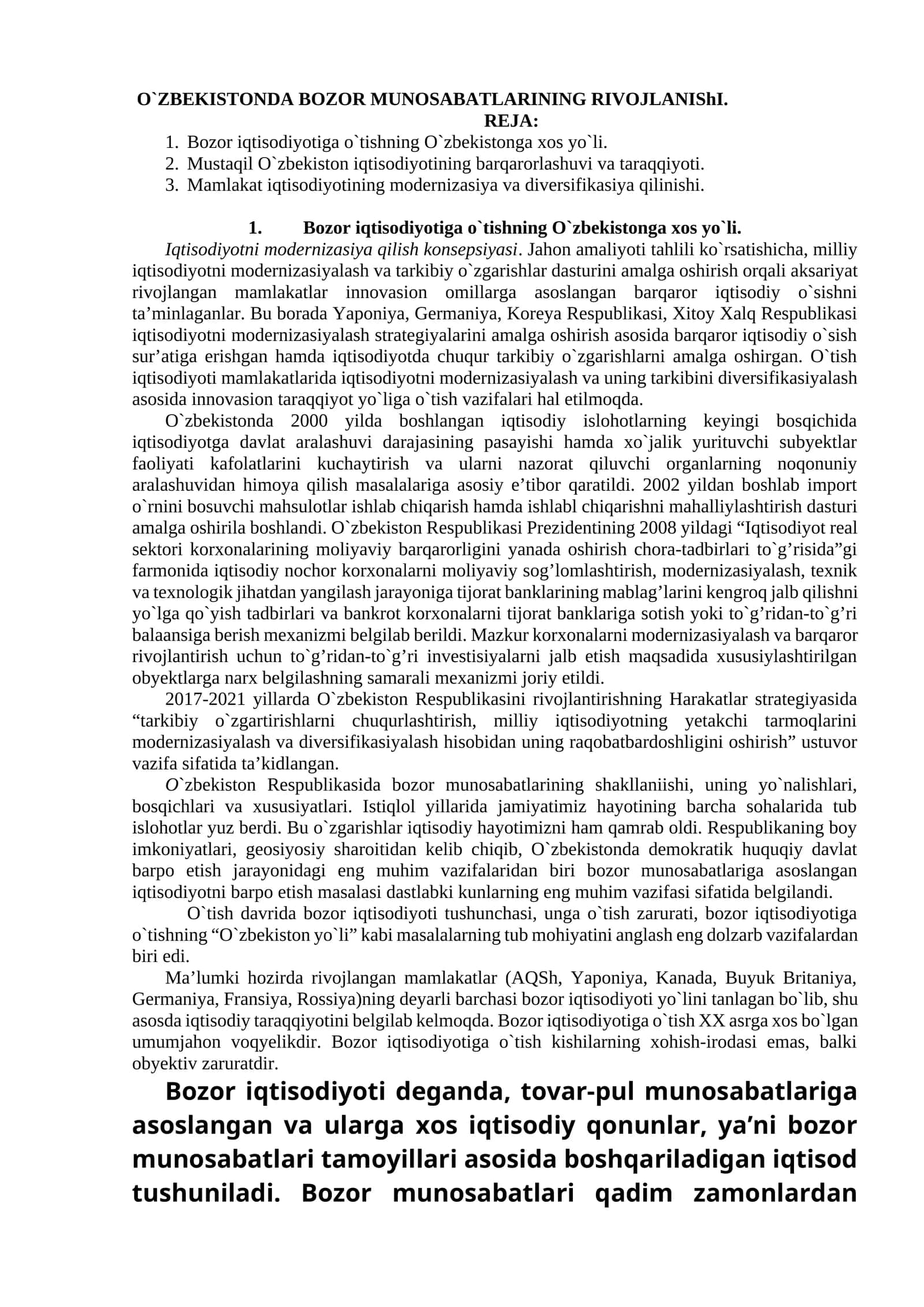 O`ZBEKISTONDA BOZOR MUNOSABATLARINING RIVOJLANIShI