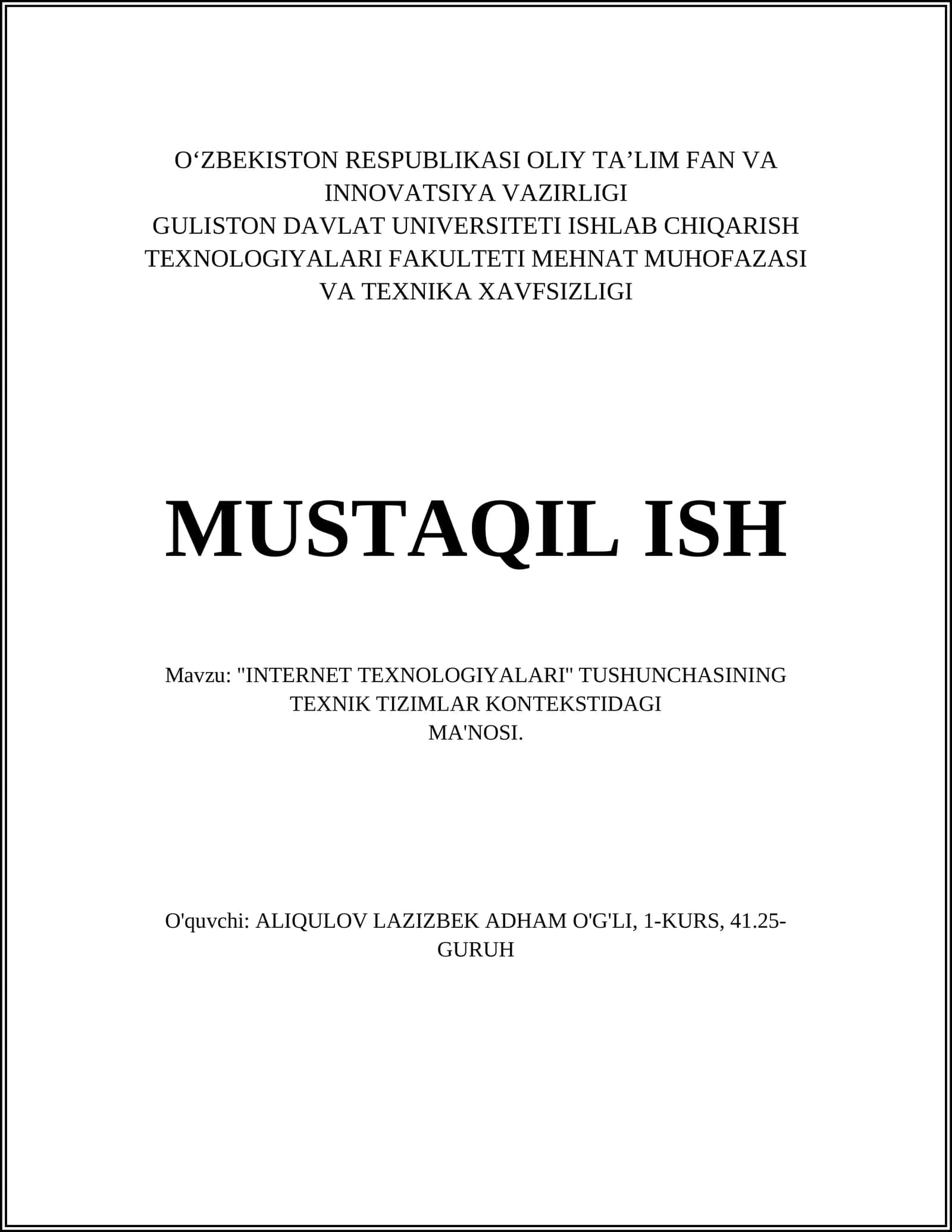 "INTERNET TEXNOLOGIYALARI'' TUSHUNCHASINING TEXNIK TIZIMLAR KONTEKSTIDAGI MA'NOSI"