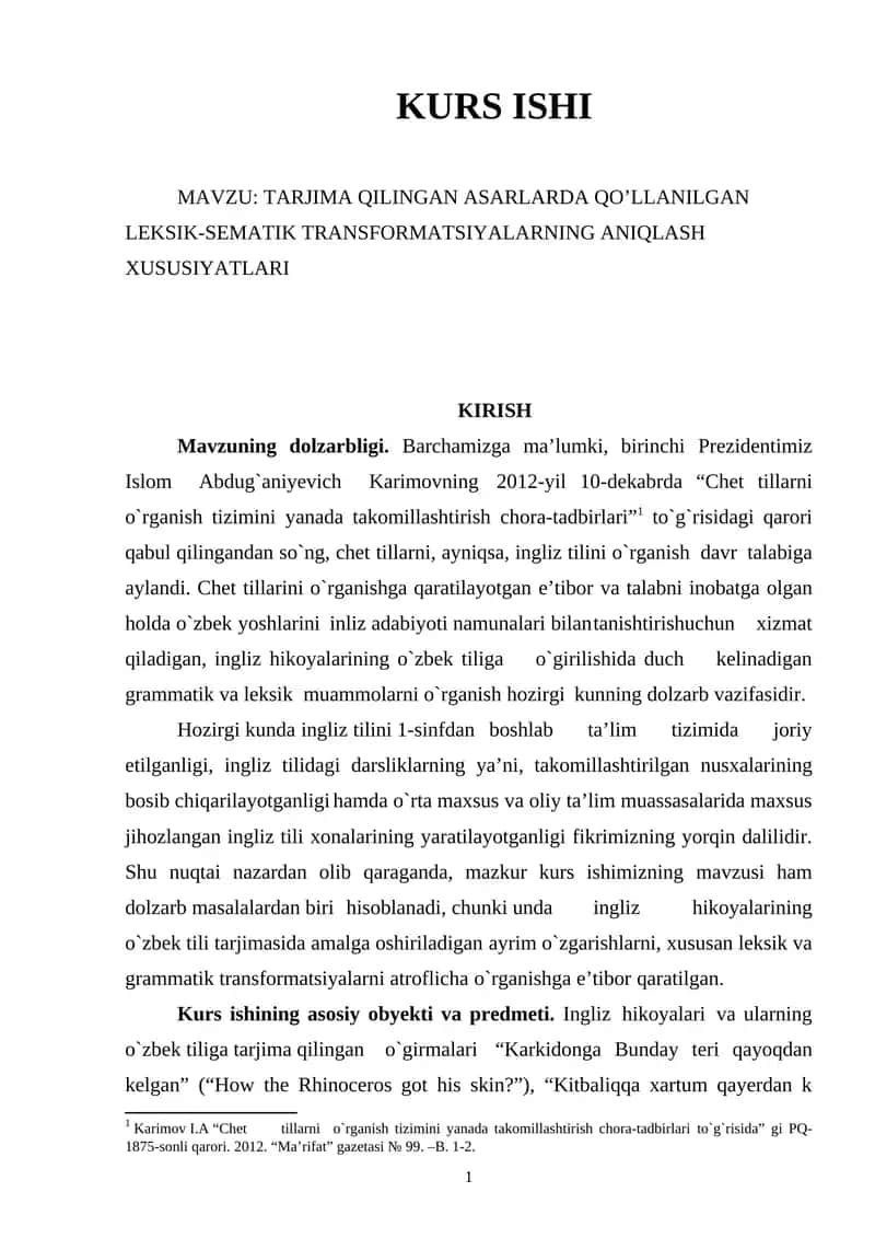 TARJIMA QILINGAN ASARLARDA QO’LLANILGAN LEKSIK-SEMATIK TRANSFORMATSIYALARNING ANIQLASH XUSUSIYATLARI