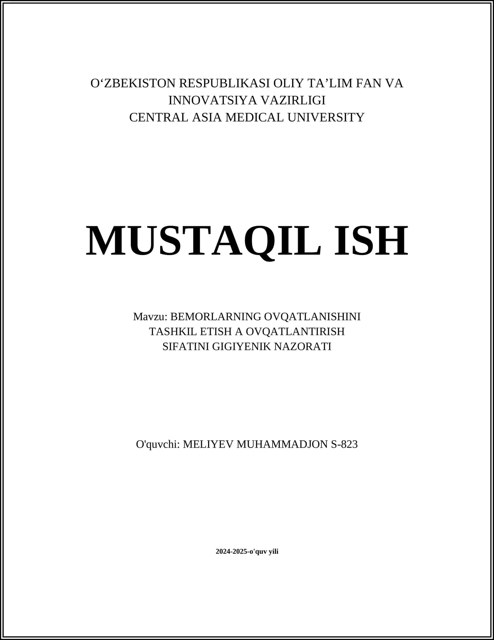 BEMORLARNING OVQATLANISHINI TASHKIL ETISH A OVQATLANTIRISH SIFATINI GIGIYENIK NAZORATI
