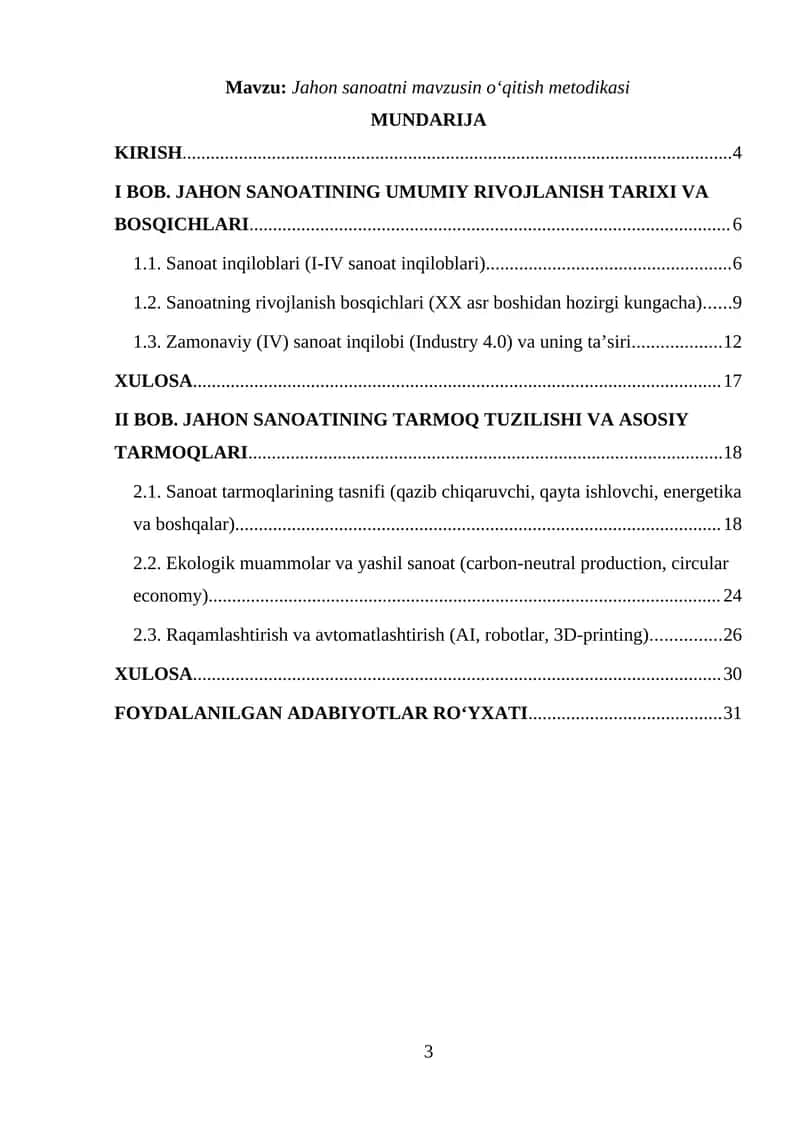 Jahon sanoatni mavzusin oʻqitish metodikasi