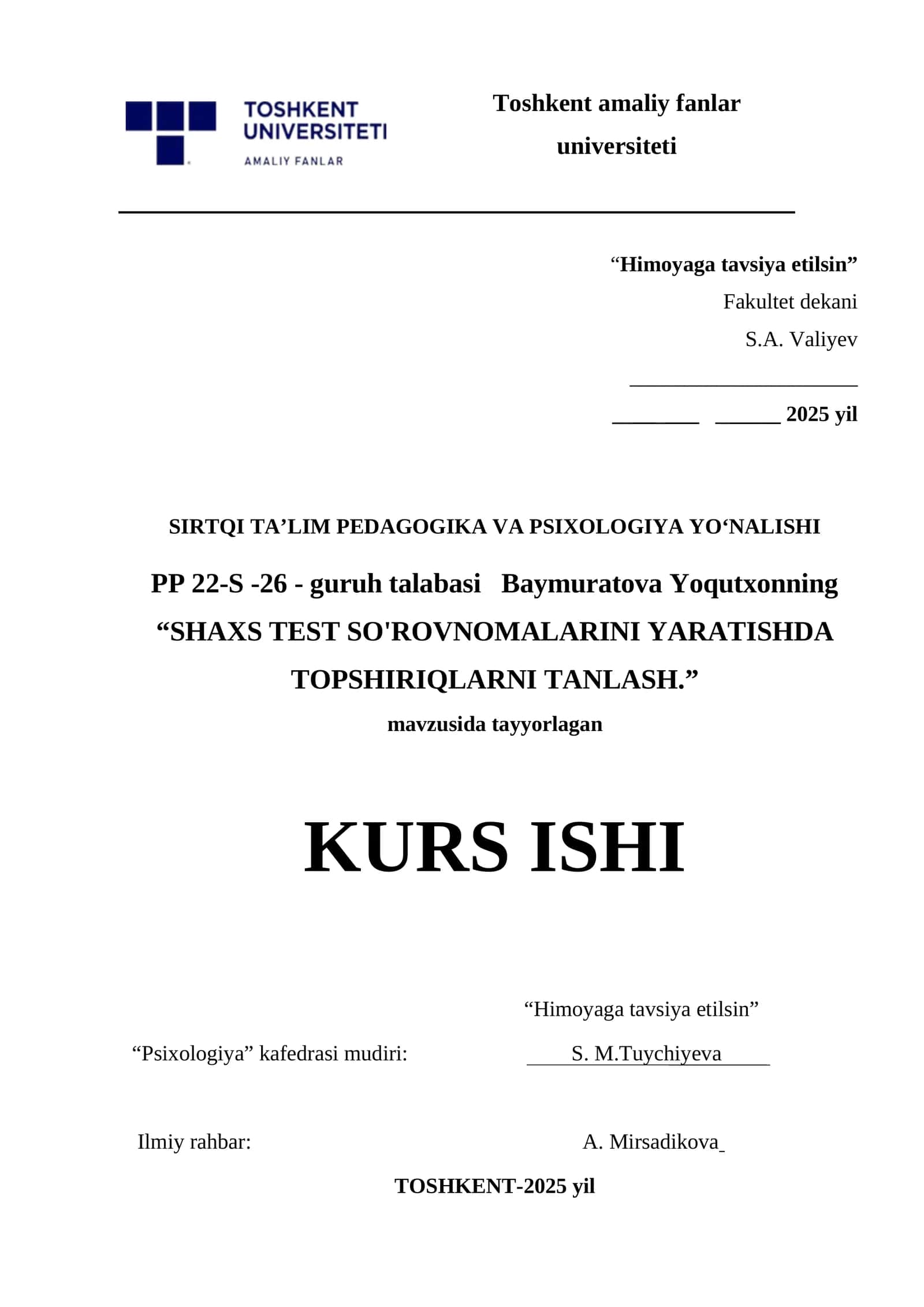 SHAXS TEST SO'ROVNOMALARINI YARATISHDA TOPSHIRIQLARNI TANLASH