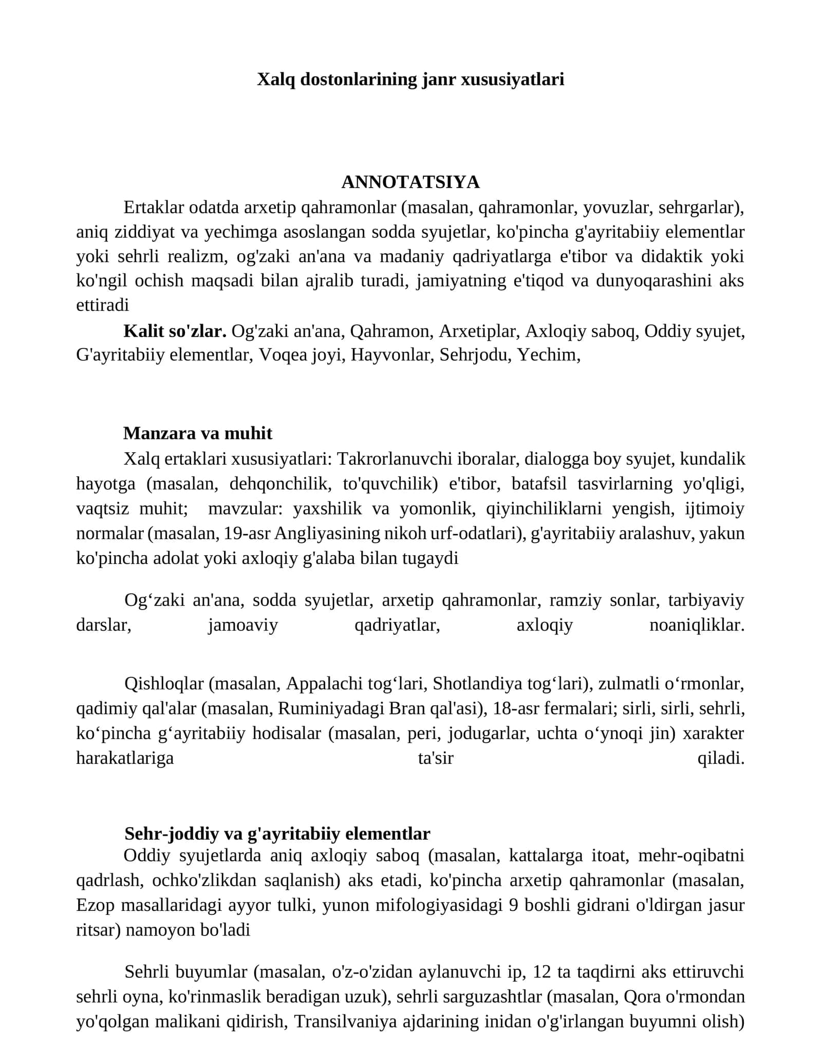 Xalq dostonlarining janr xususiyatlari