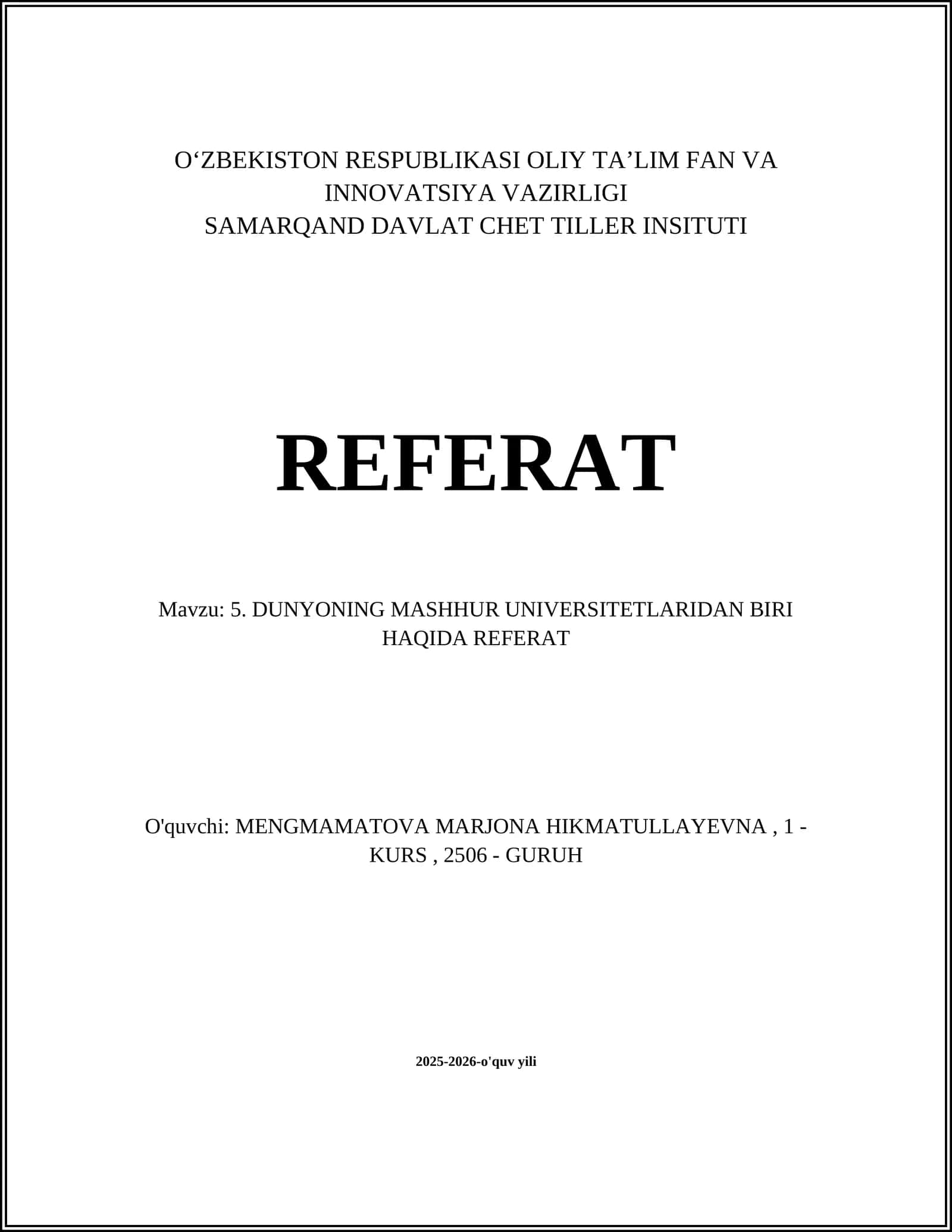 DUNYONING MASHHUR UNIVERSITETLARIDAN BIRI
