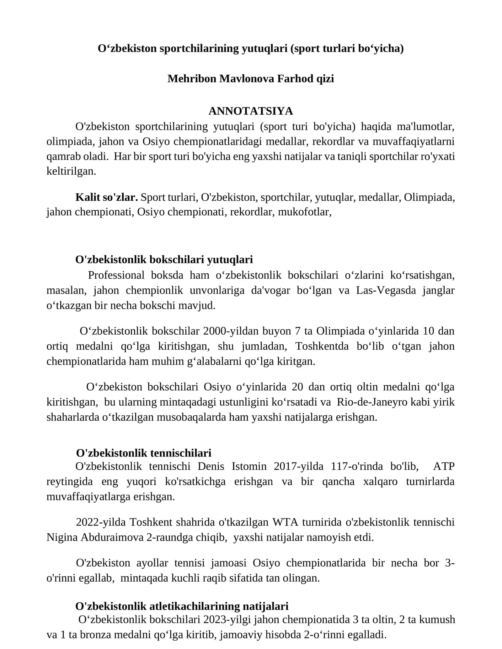 Oʻzbekiston sportchilarining yutuqlari (sport turlari boʻyicha)