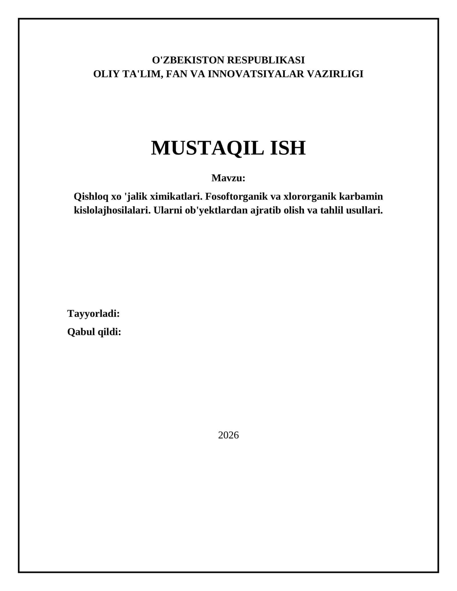 Qishloq xo 'jalik ximikatlari va karbamin kislolajhosilalari