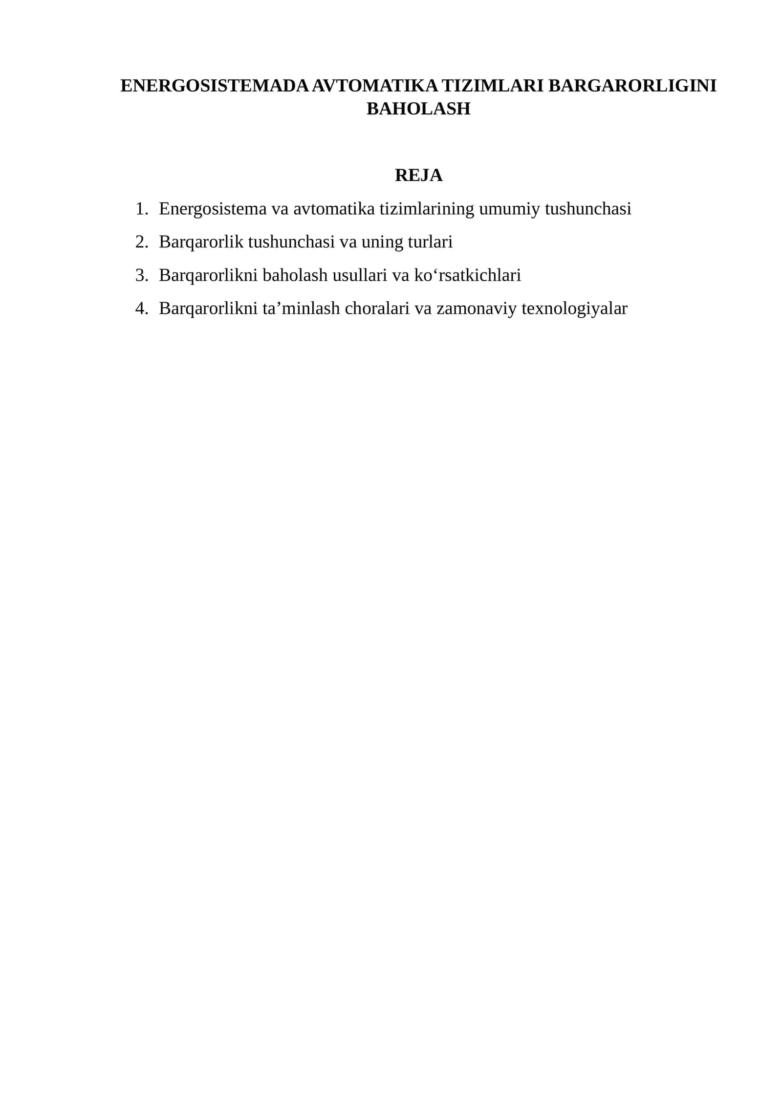 ENERGOSISTEMADA AVTOMATIKA TIZIMLARI BARGARORLIGINI BAHOLASH