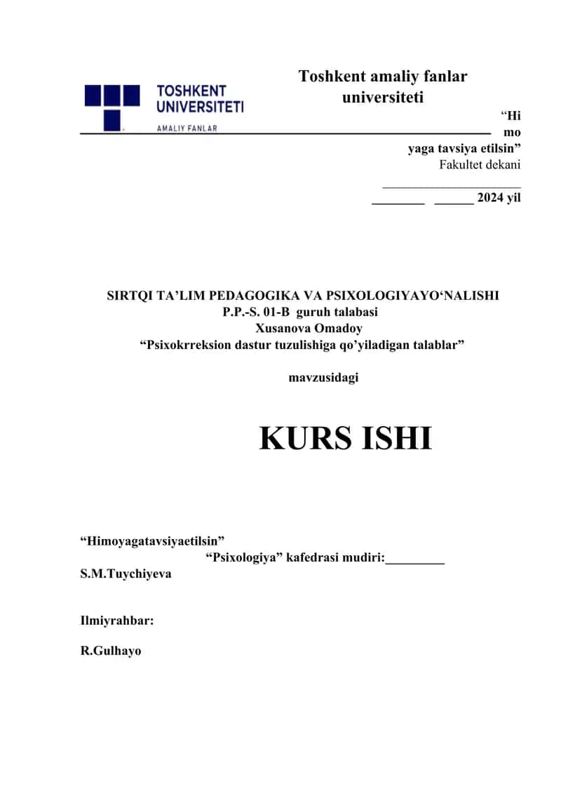 Psixokrreksion dastur tuzulishiga qo’yiladigan talablar.