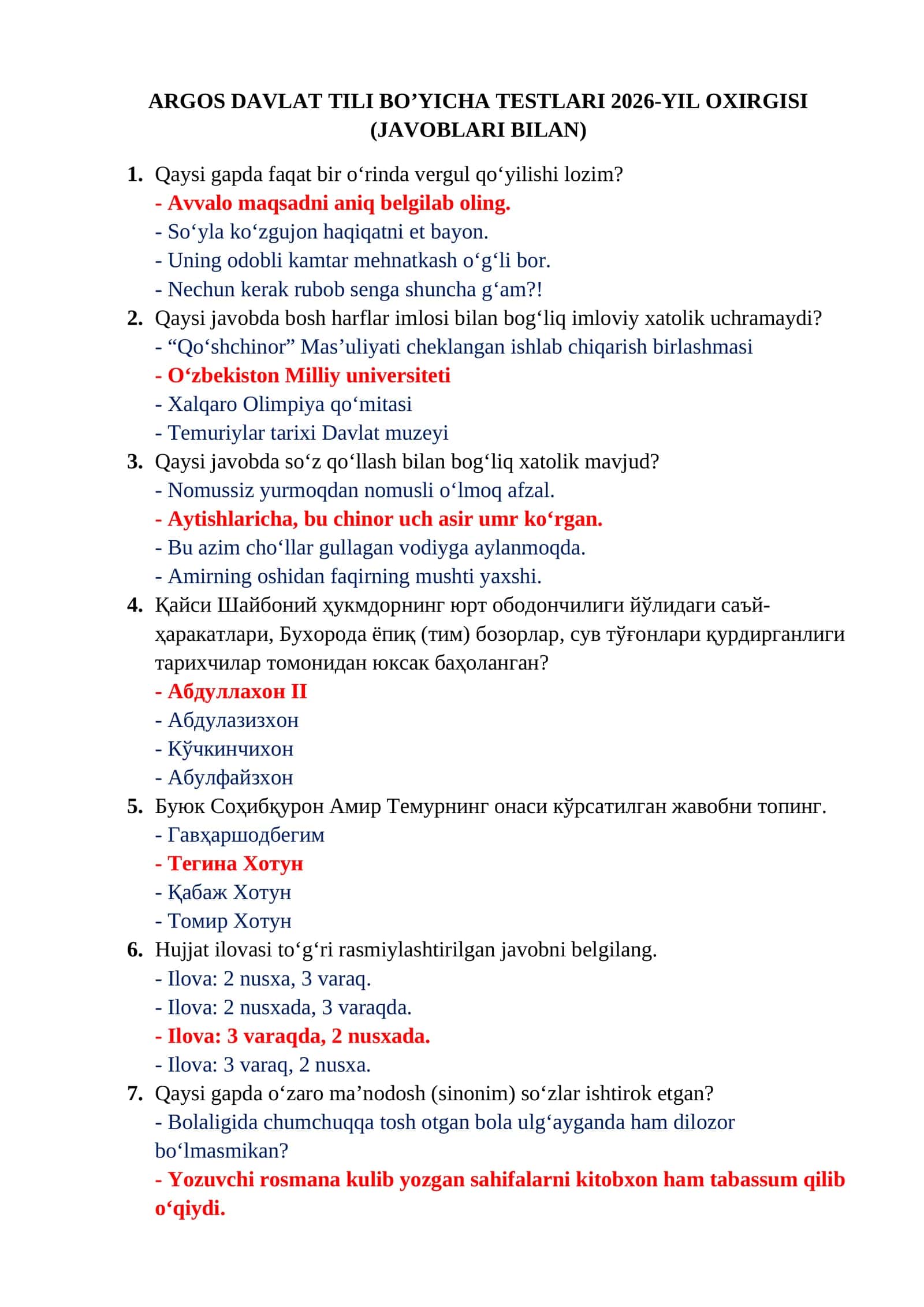 ARGOS DAVLAT TILI BO’YICHA TESTLARI 2026-YIL OXIRGISI (JAVOBLARI BILAN)