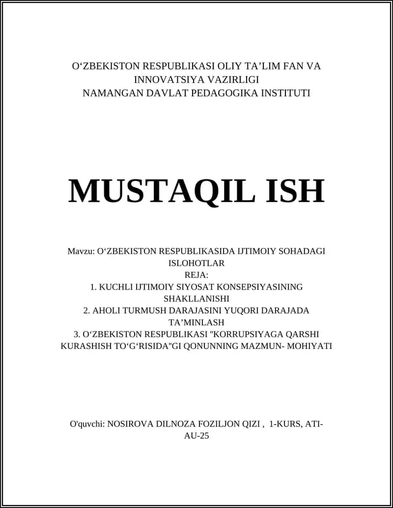 OʻZBEKISTON RESPUBLIKASIDA IJTIMOIY SOHADAGI ISLOHOTLAR