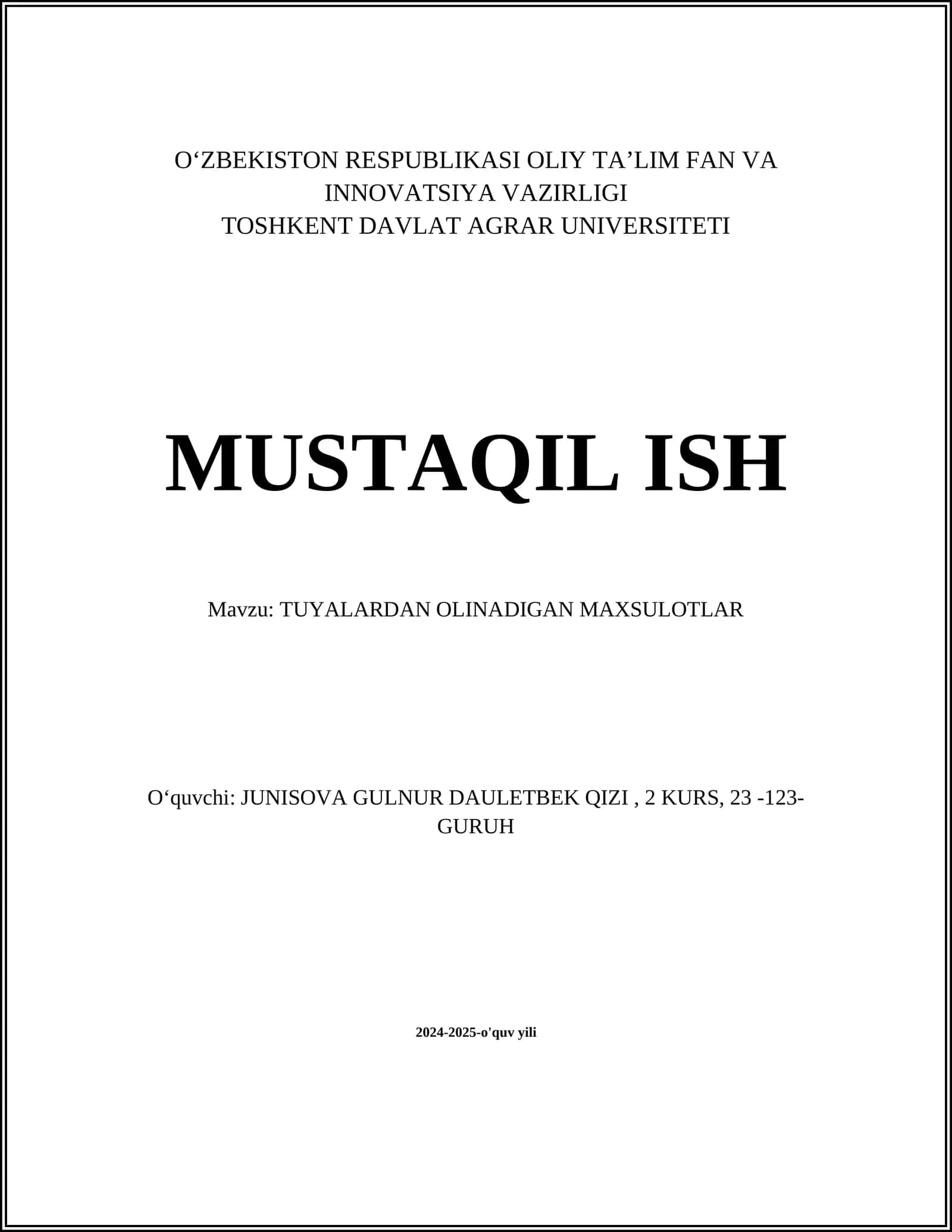 TUYALARDAN OLINADIGAN MAXSULOTLAR