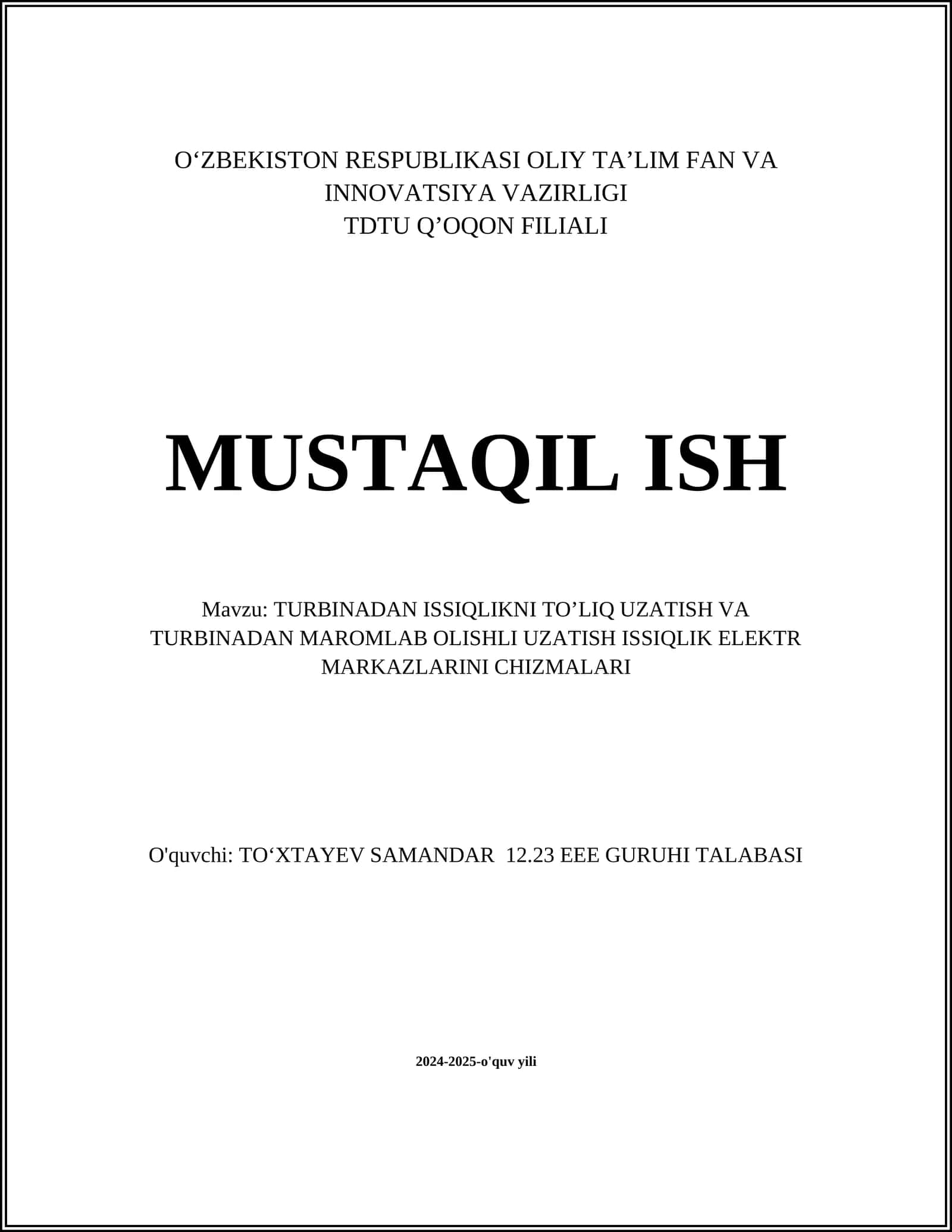 Turbinadan issiqlikni uzatish jarayoni