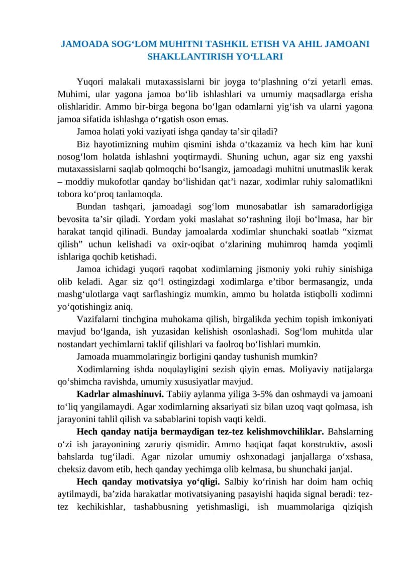 JAMOADA SOG‘LOM MUHITNI TASHKIL ETISH VA AHIL JAMOANI SHAKLLANTIRISH YO‘LLARI