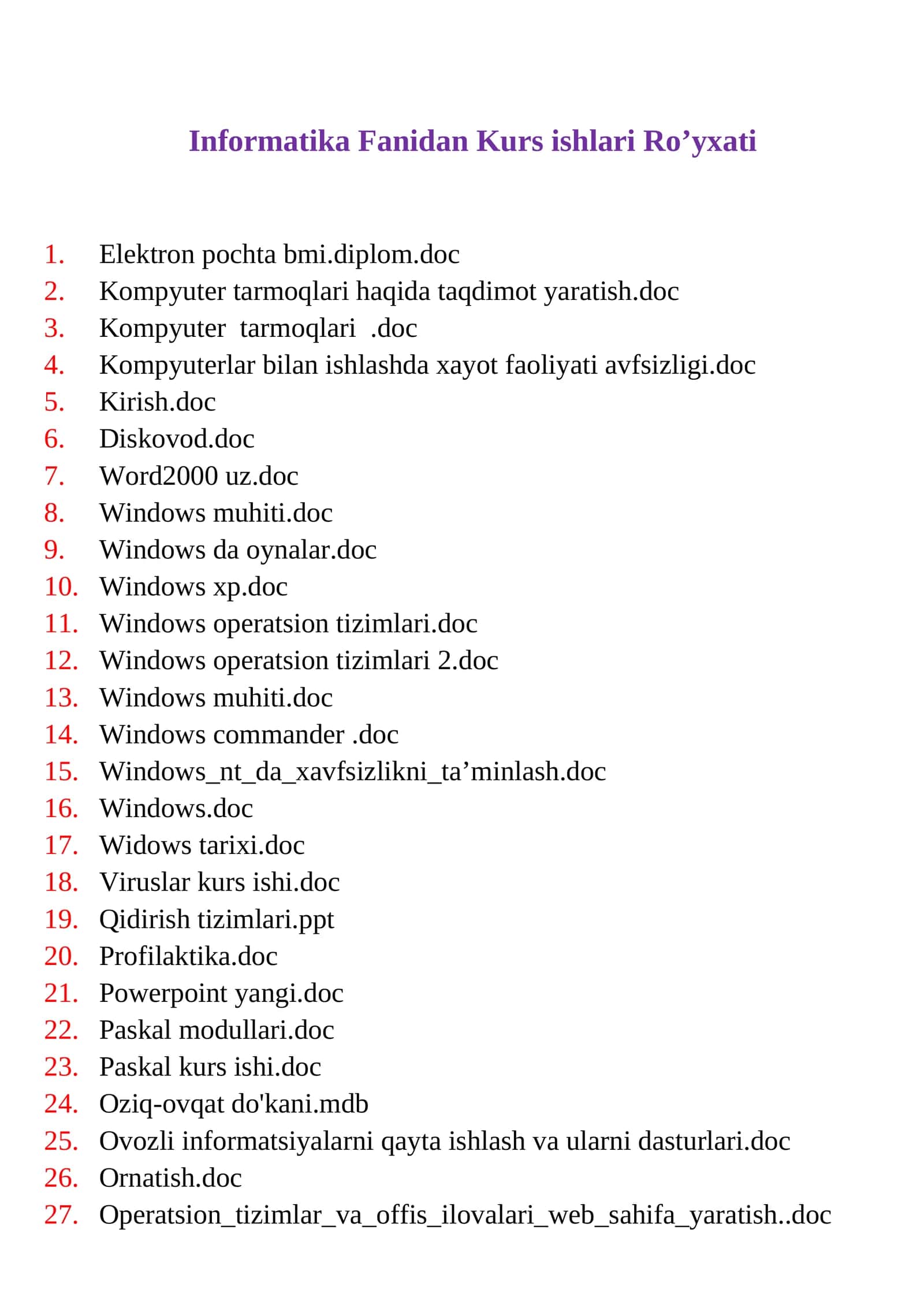 Informatika Fanidan Kurs ishlari Ro’yxati