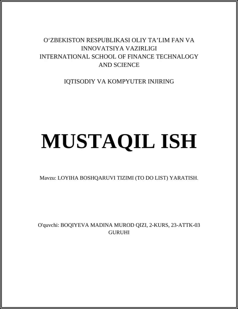LOYIHA BOSHQARUVI TIZIMI (TO DO LIST) YARATISH