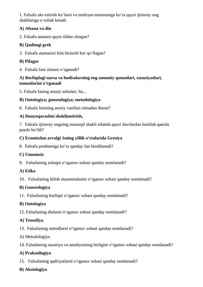 Falsafa fanining asosiy vazifasi