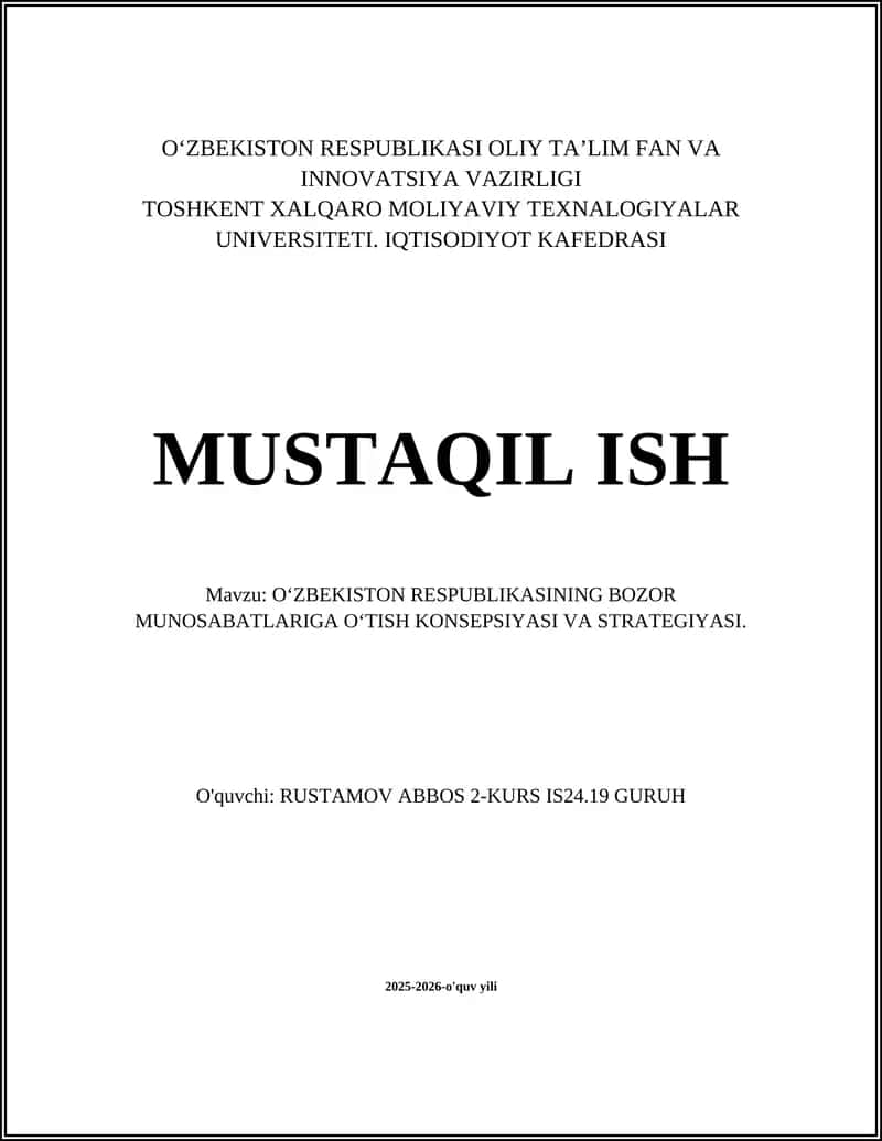 O‘ZBEKISTON RESPUBLIKASI BOZOR MUNOSABATLARI