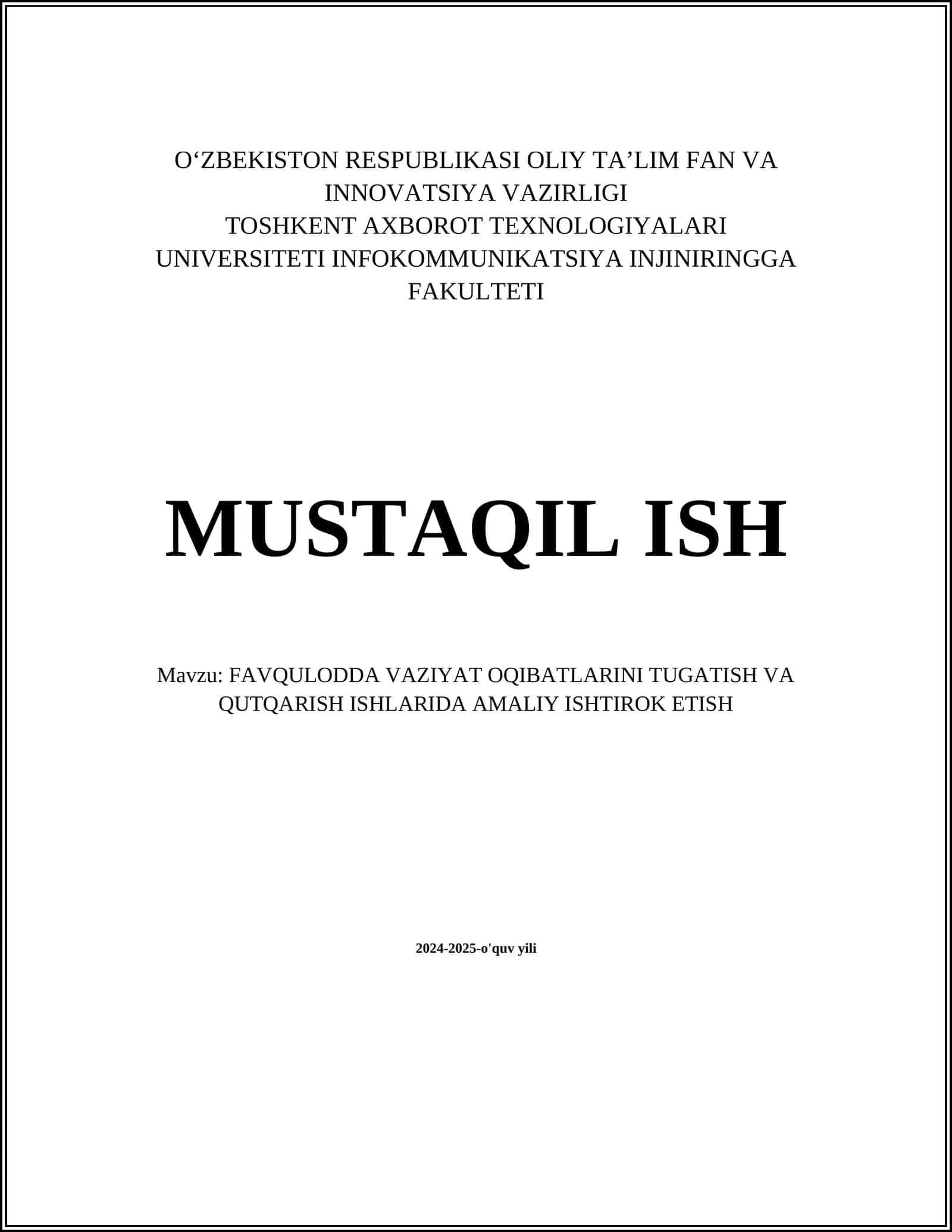 FAVQULODDA VAZIYAT OQIBATLARINI TUGATISH VA QUTQARISH ISHLARIDA AMALIY ISHTIROK ETISH
