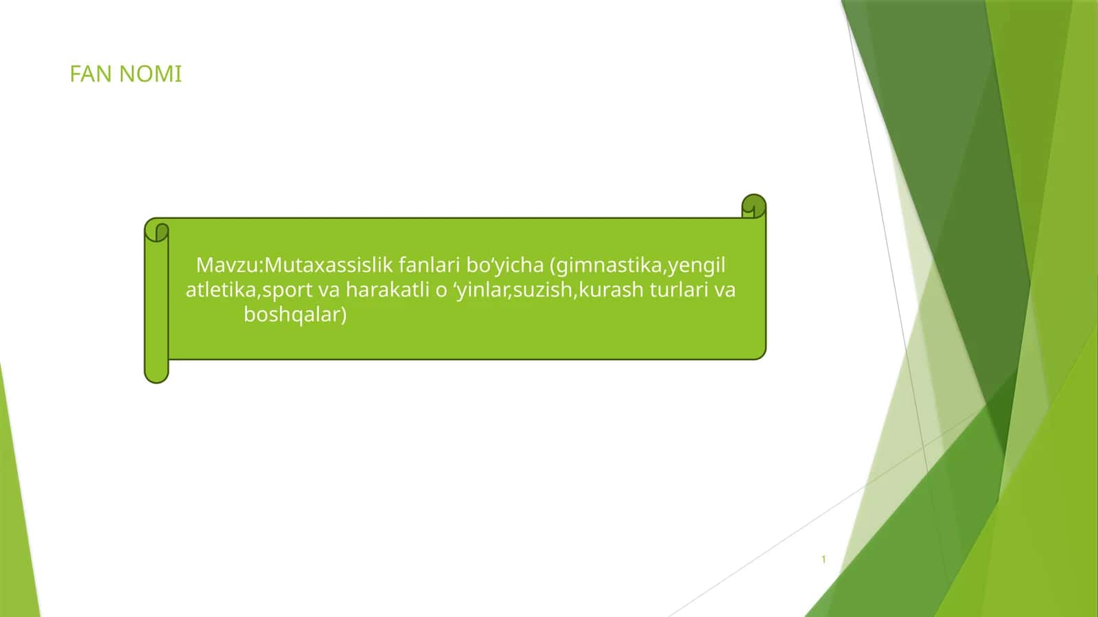 Mutaxassislik fanlari bo‘yicha (gimnastika, yengil atletika, sport va harakatli o‘yinlar, suzish, kurash turlari va boshqalar)