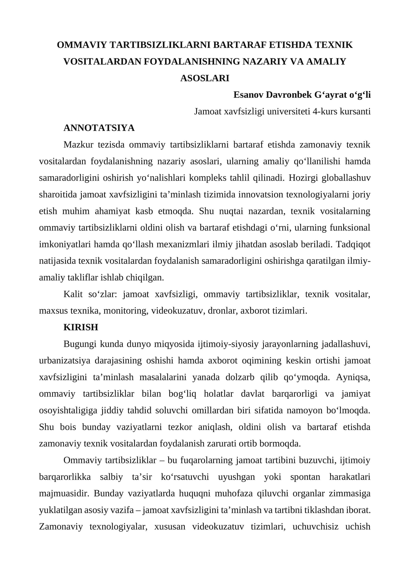 OMMAVIY TARTIBSIZLIKLARNI BARTARAF ETISHDA TEXNIK VOSITALARDAN FOYDALANISHNING NAZARIY VA AMALIY ASOSLARI