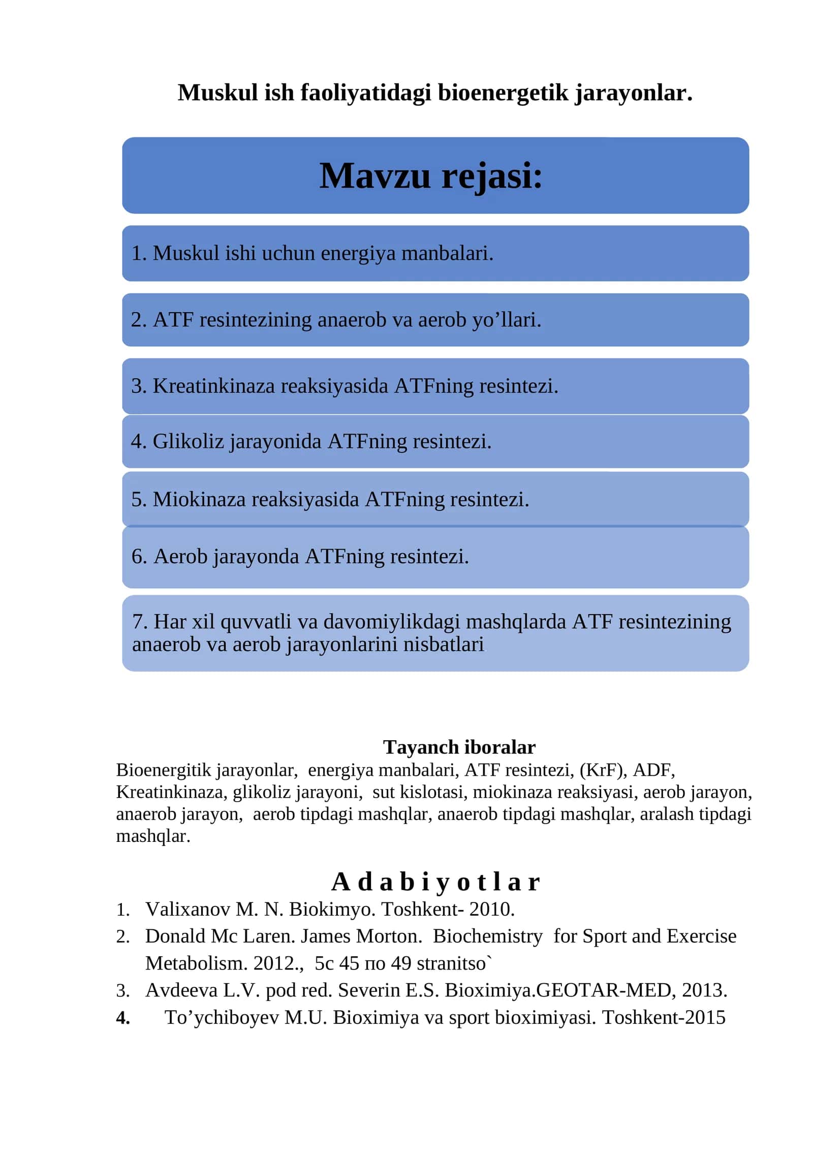 Muskul ish faoliyatidagi bioenergetik jarayonlar