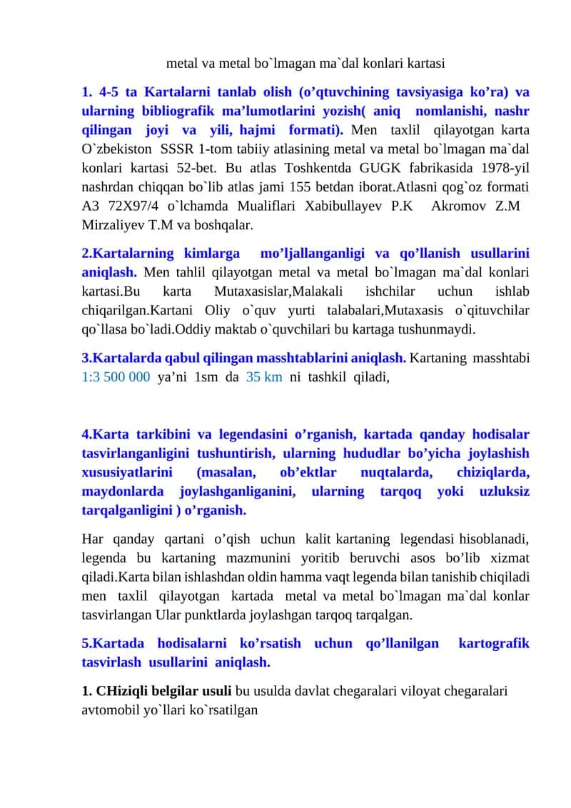Metal va metal bo`lmagan ma`dal konlari kartasi