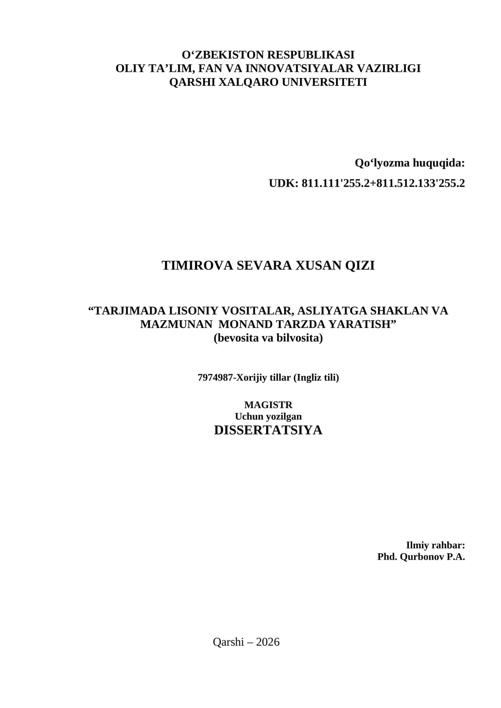 TARJIMADA LISONIY VOSITALAR, ASLIYATGA SHAKLAN VA MAZMUNAN MONAND TARZDA YARATISH (bevosita va bilvosita)