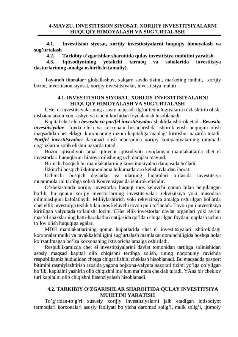 INVESTITSION SIYOSAT, XORIJIY INVESTITSIYALARNI HUQUQIY HIMOYALASH VA SUG’URTALASH