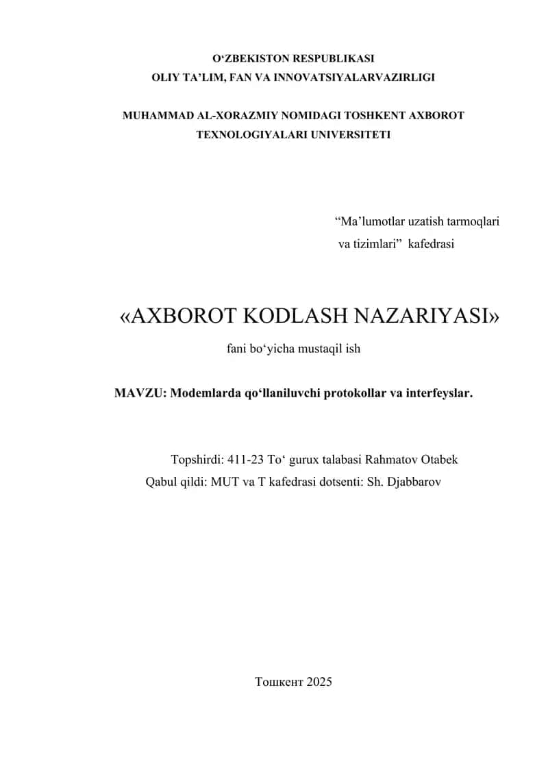 Modemlarda qo‘llaniluvchi protokollar va interfeyslar