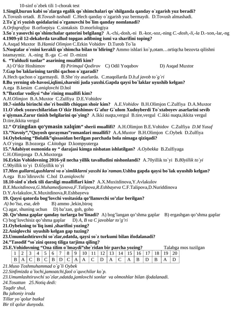 10-sinf o`zbek tili 1-chorak test