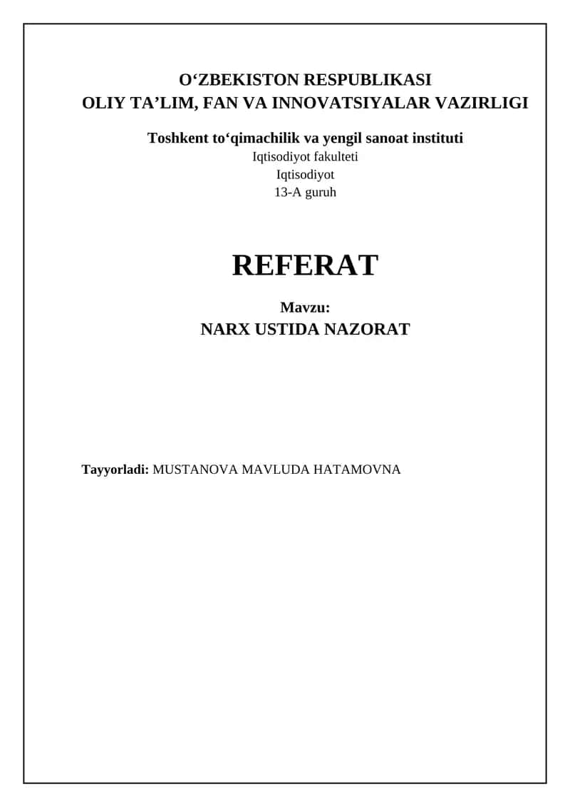 NARX USTIDA NAZORAT